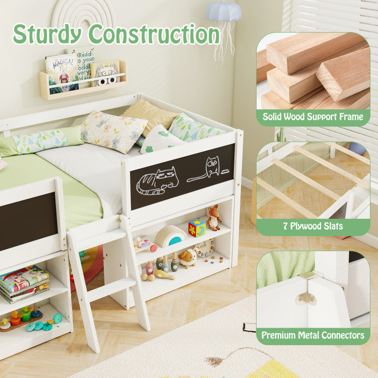 Costway Twin Size Low Loft Bed with Chalkboard & Bookshelves for Kids - Space-Saving Study & Play Furniture for Small Bedrooms