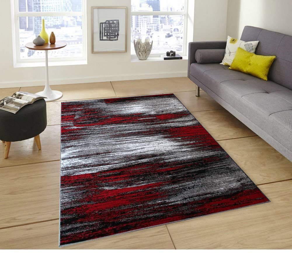 Large Modern Abstract Red Grey Black Area Rug 5’3”x7’5” - Soft Living Room Rug, Office & Kitchen Carpet - Perfect for Home Decor, Workspace & Dining Areas