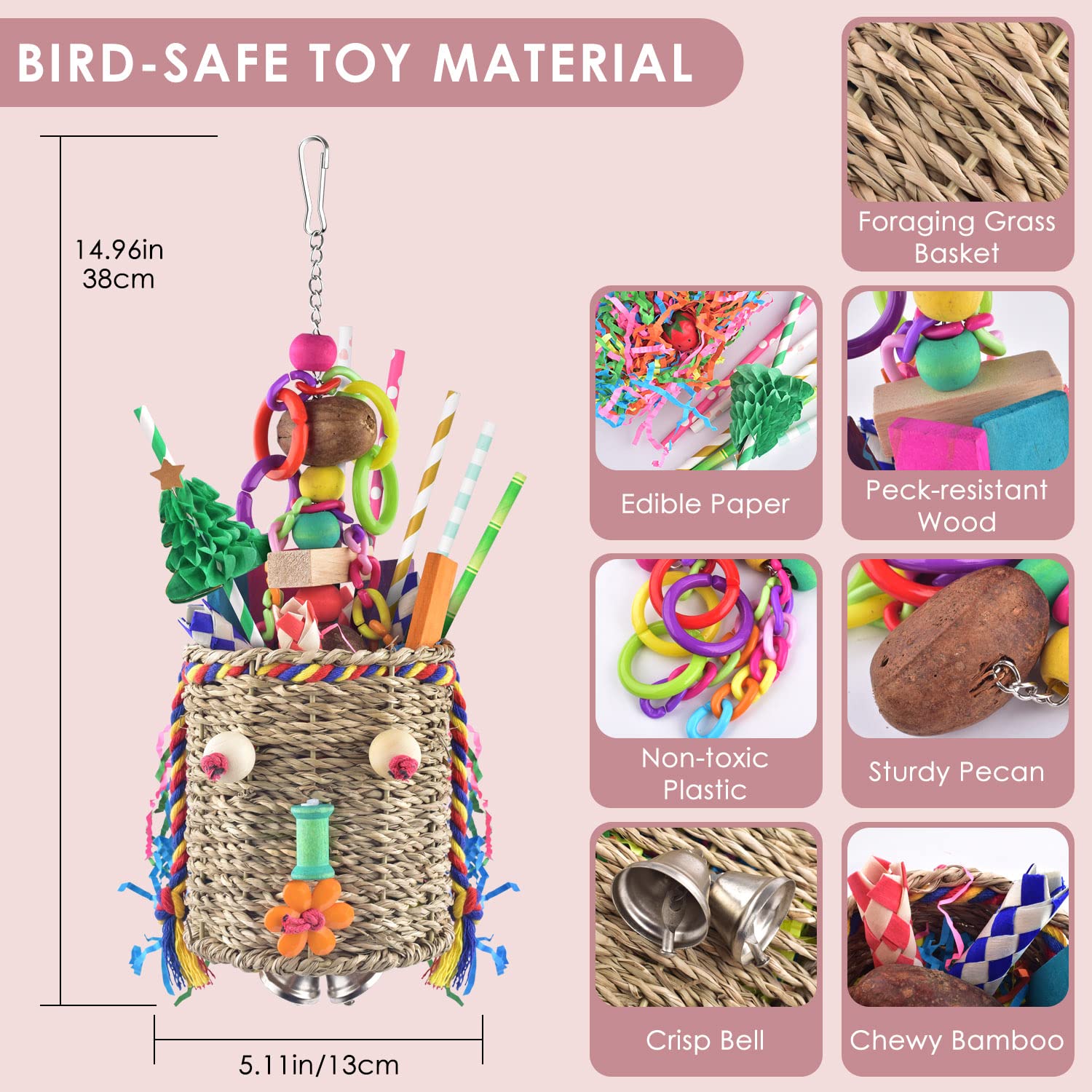 KATUMO Bird Toys for Parakeets, Cockatiels & Conures - Natural Grass Foraging & Shredding Basket - Small & Medium Bird Cage Toys - Perfect for Mental Stimulation & Playtime