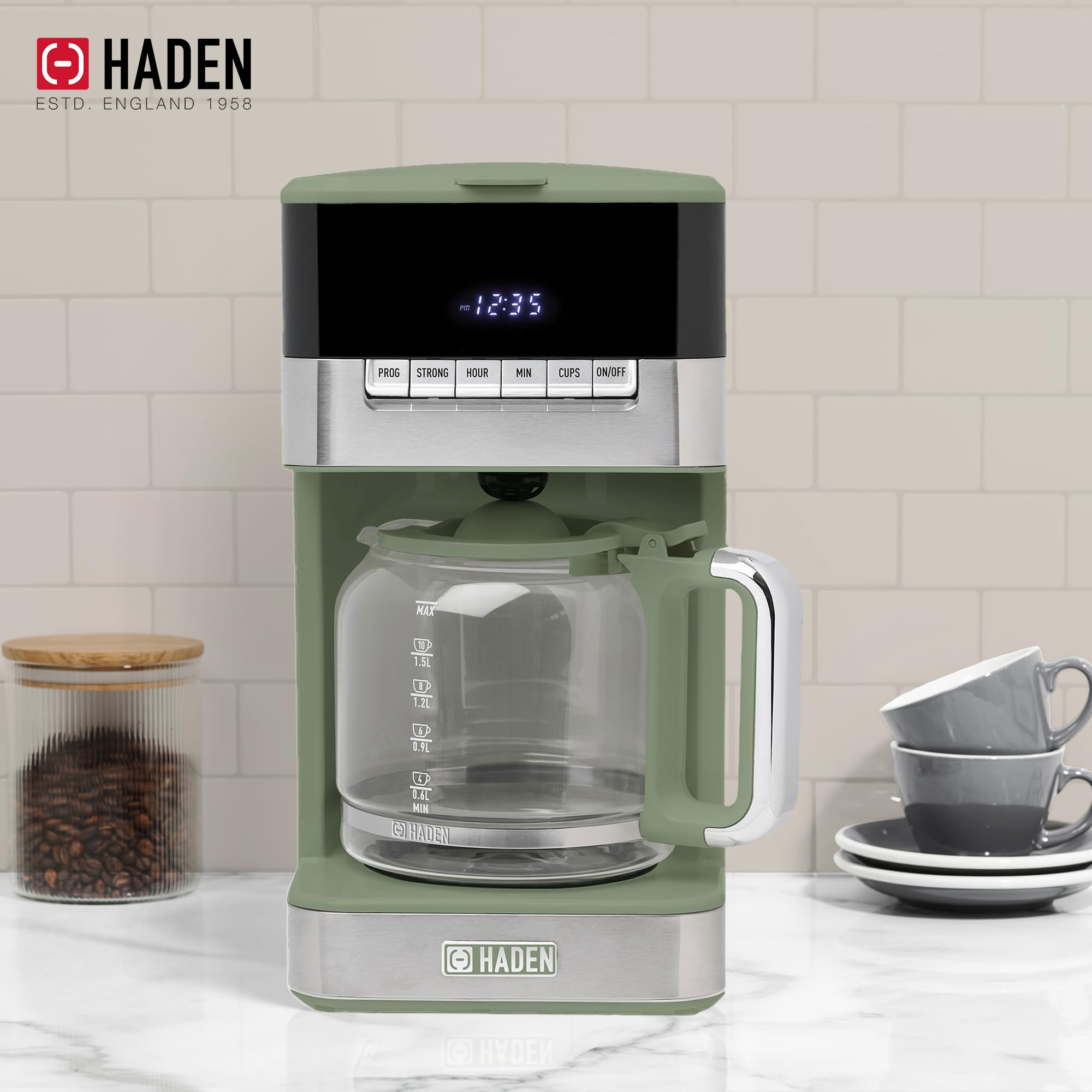Haden Programmable 12-Cup Drip Coffee Maker with Glass Carafe - Green & Chrome Stainless Steel - Perfect for Home, Office, and Cafe Use