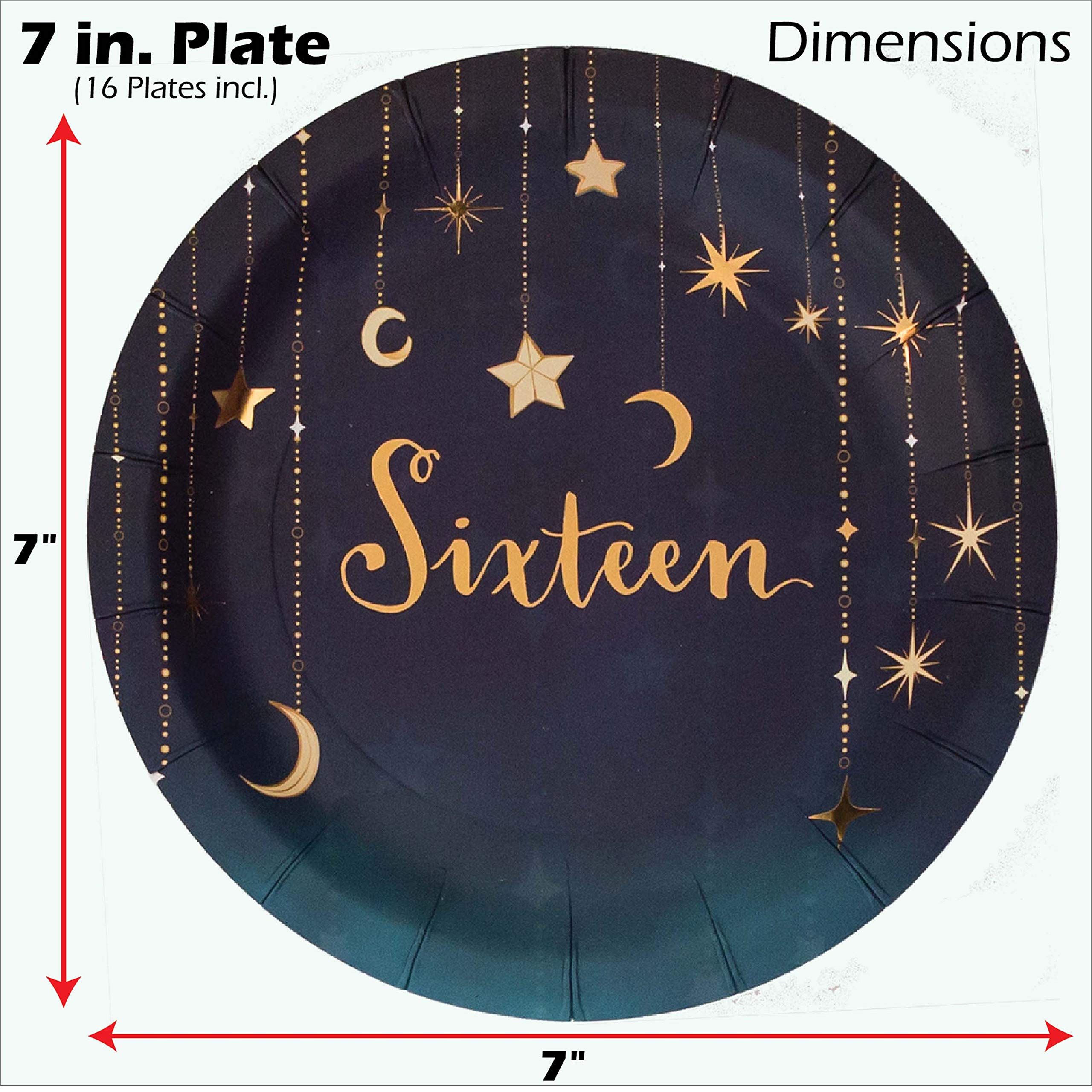 Havercamp Sweet 16 Birthday Party Supplies Set - 16 Printed Plates & Beverage Napkins with Gold Starry Night Design - Perfect for Teen Birthday Celebrations, Quinceañeras & Special Occasions