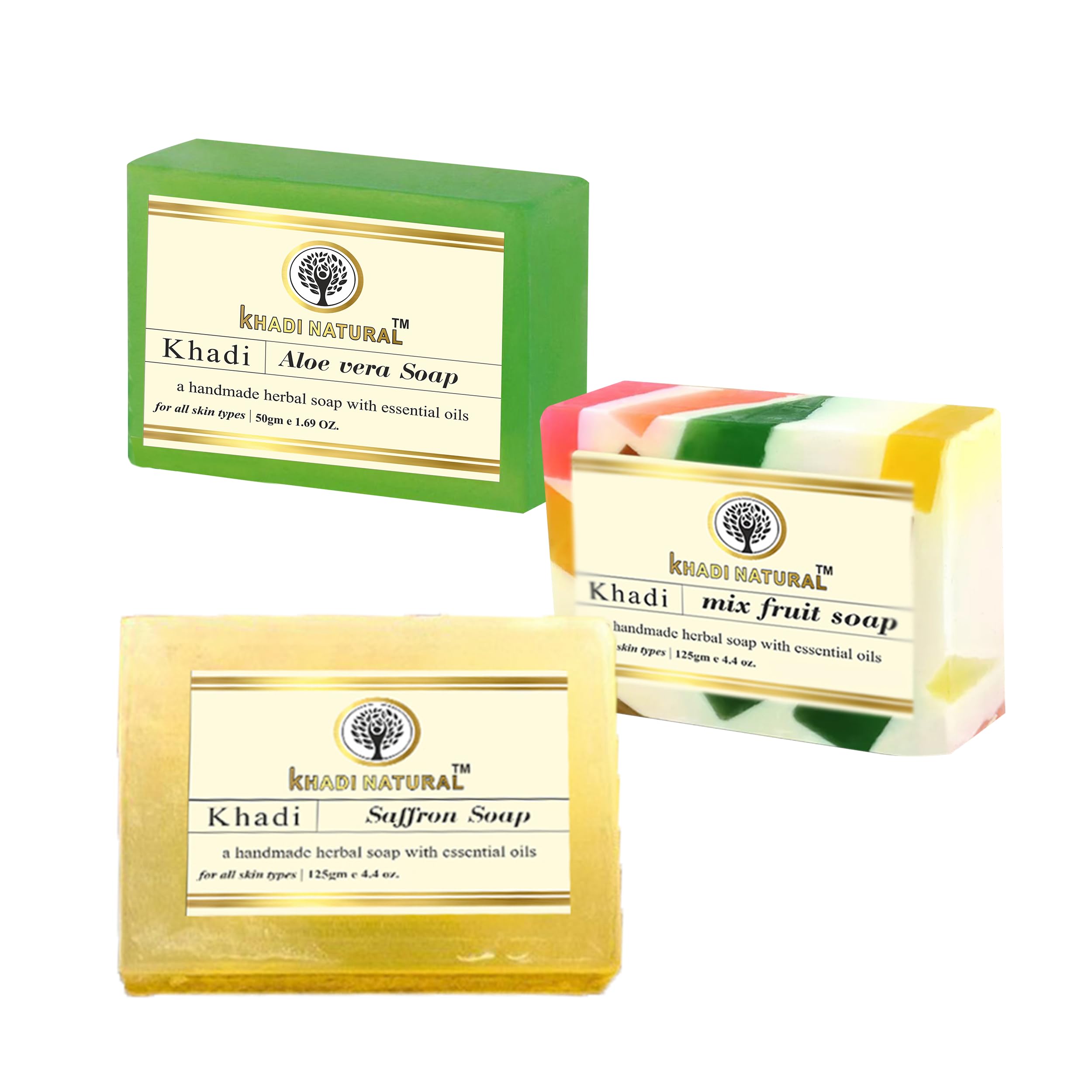 Khadi Natural Handmade Herbal Soap Pack - Organic Aloe Vera & Saffron Soap with Essential Oils for Soft & Healthy Skin - 3x125g Bars - Perfect for Daily Skincare, Spa Days & Sensitive Skin Care Routine