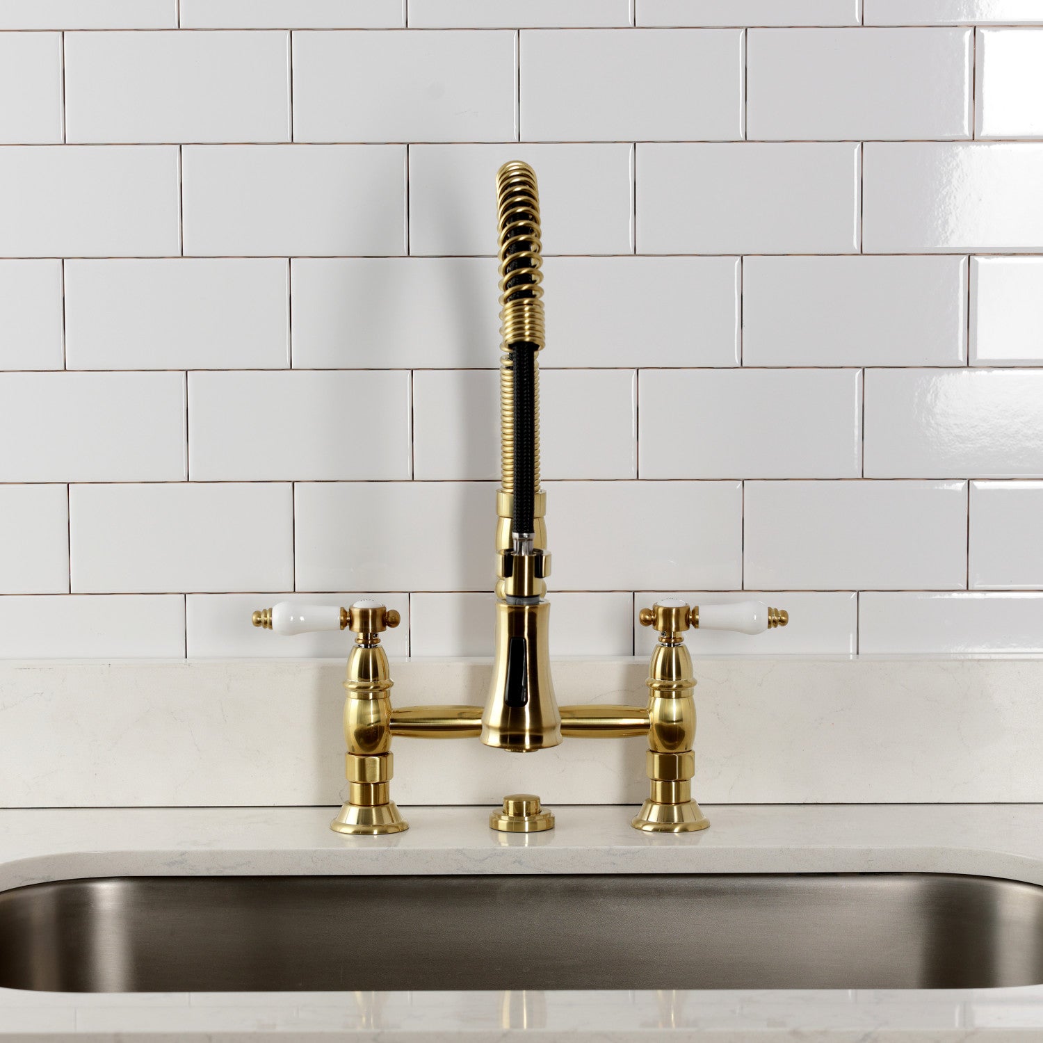 Bel Air GS1277BPL Brushed Brass Double Handle 2-Hole Deck Mount Pre-Rinse Bridge Kitchen Faucet - Perfect for Commercial & Residential Kitchens, Restaurants, and Food Prep Areas