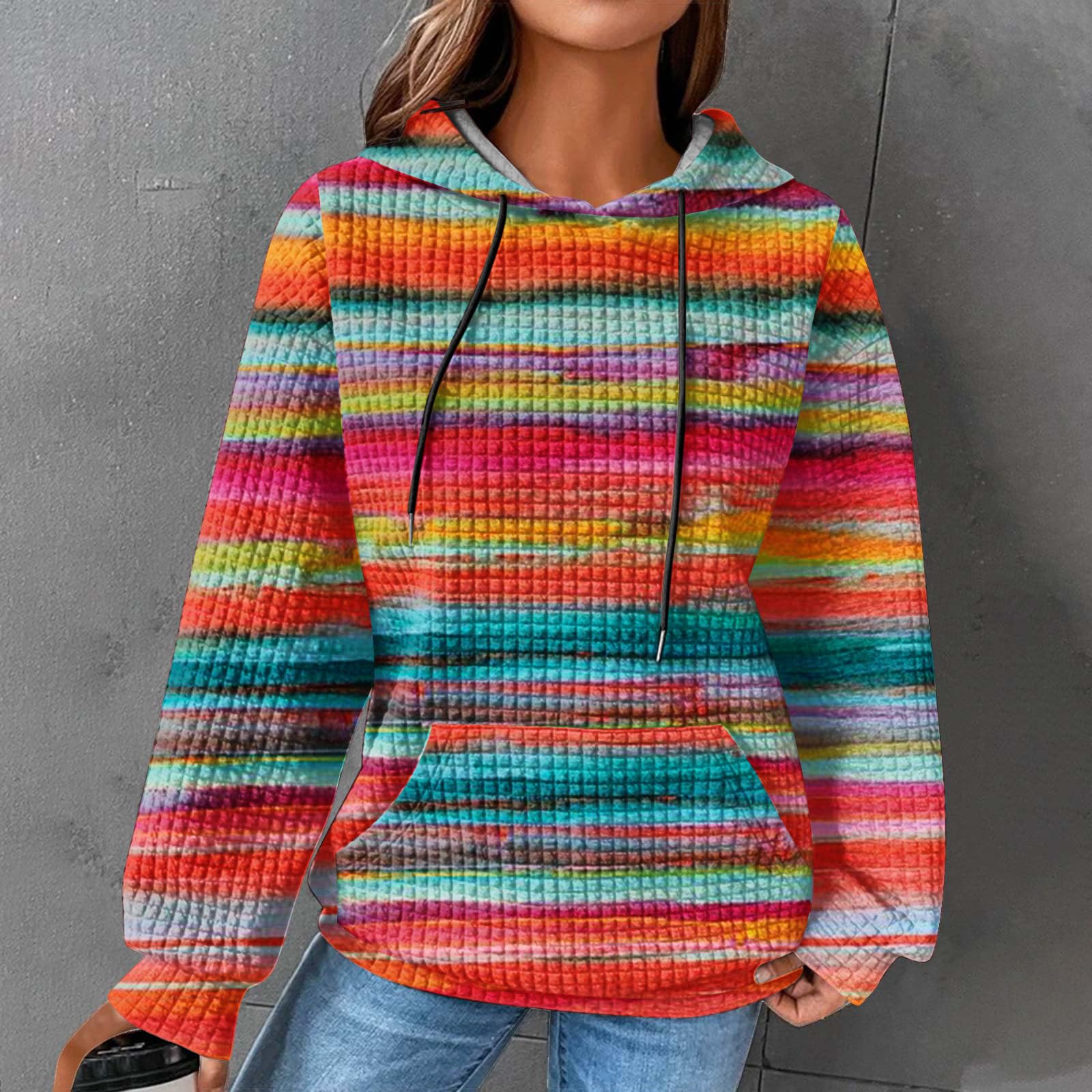 Women's Waffle Hoodie - Multicolor Comfy Pullover Sweatshirt with Pocket | Trendy Loose Fit Casual Wear for Outdoors, Lounge & Travel