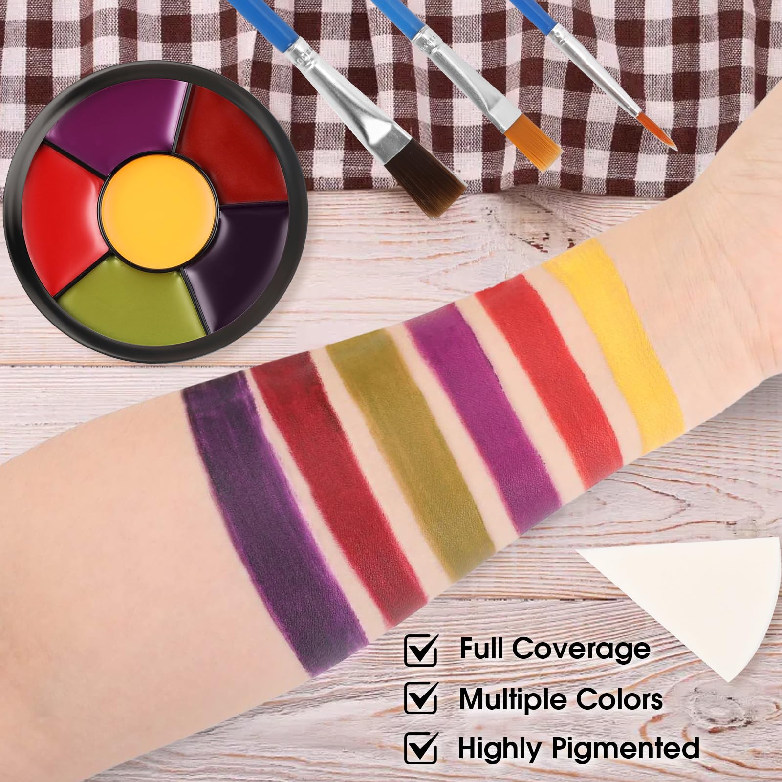 6 Colors Halloween Face & Body Paint Kit - Yellow, Purple, Red, Green, Bruise Wheel for SFX Makeup | Includes 6 Sponges & 3 Brushes | Perfect for Zombie, Clown, Joker, Alien, Witch & Cosplay Costumes