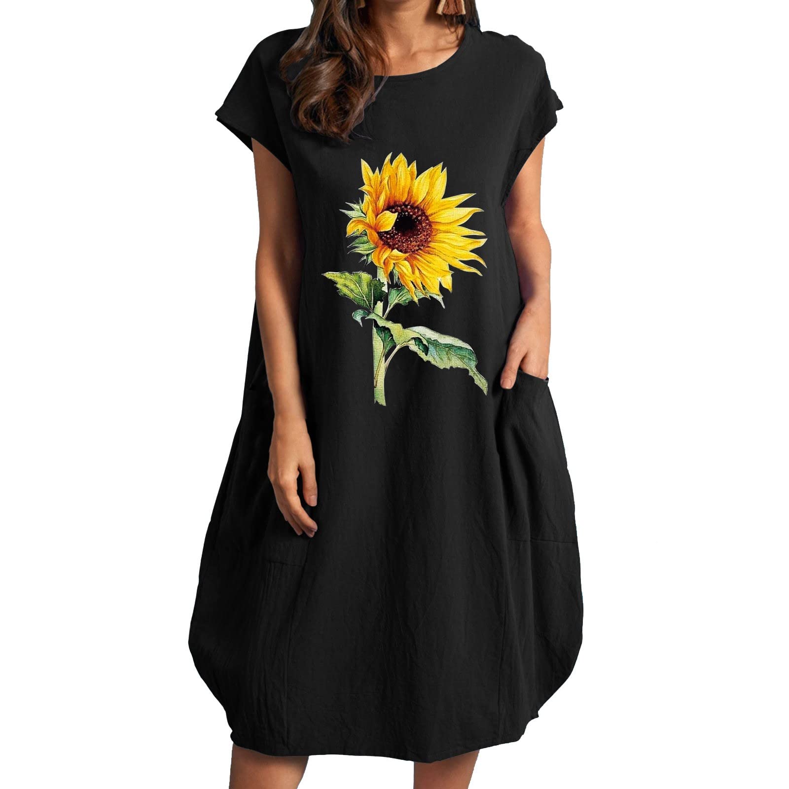 Women's Sunflower Printed Loose Short Sleeve Summer Dress - Round Neck Casual Shirt Dress with Pockets | Perfect for Beach Vacation, Picnic Dates & Summer Outings