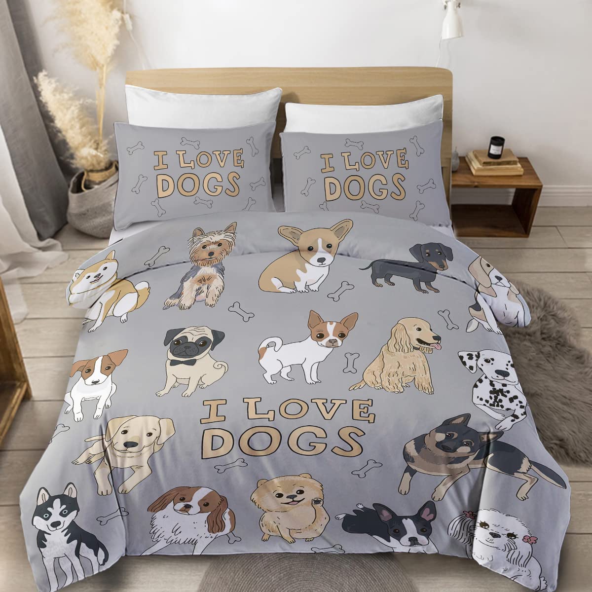 Sleepwish Queen Size Watercolor Dog Duvet Cover Set - 3 Piece Cute Pet Bedding for Pug, Retriever & Corgi Lovers (Grey, I Love Dogs Design) | Perfect for Kids' Rooms, Dog-Themed Decor & Cozy Pet-Friendly Spaces