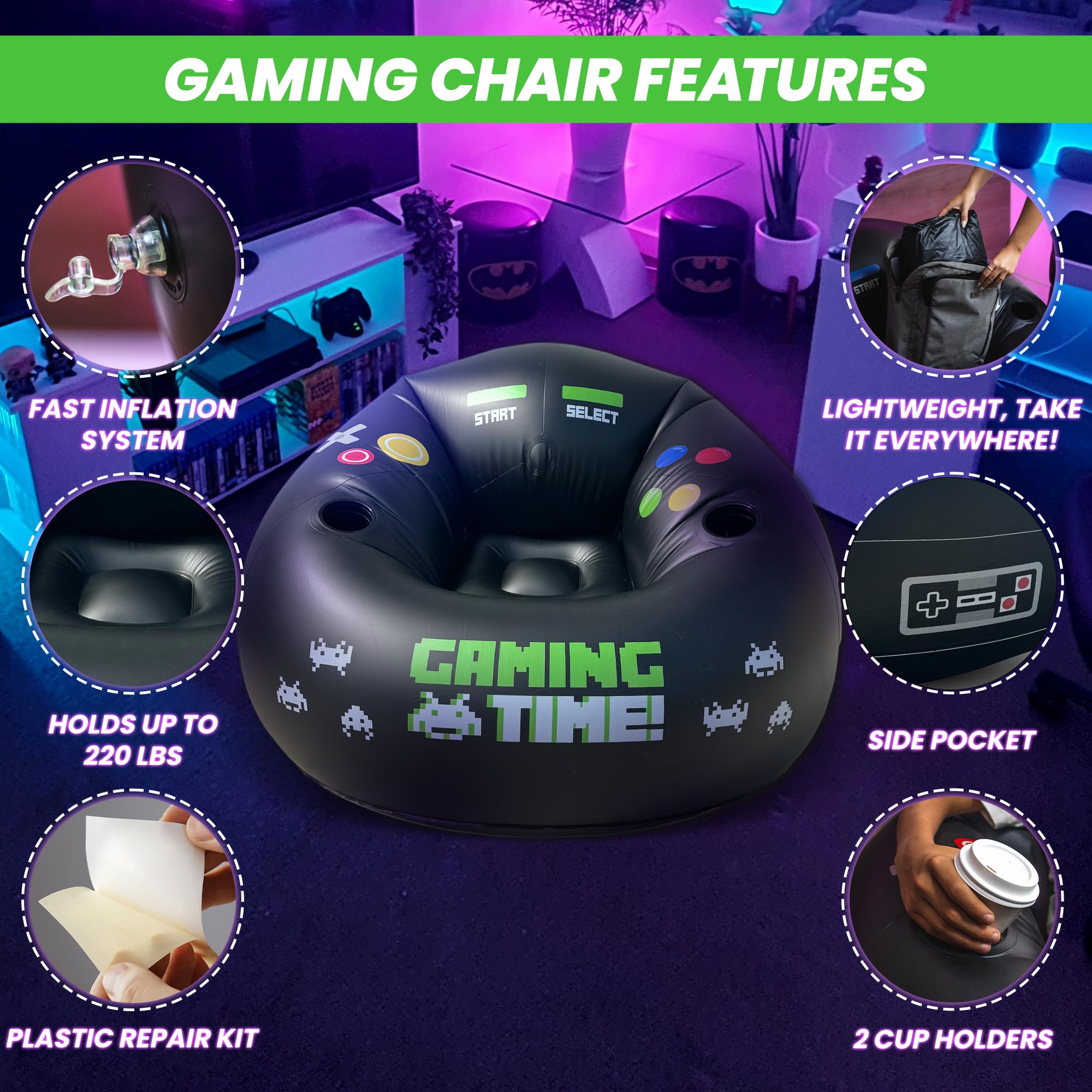 Inflatable Gaming Chair for Kids & Teens with Cup Holders & Side Pocket - Comfortable Air Bean Bag Chair for Boys & Girls 4-12 - Perfect for Gaming Room Decor, Bedroom Lounging & Movie Nights
