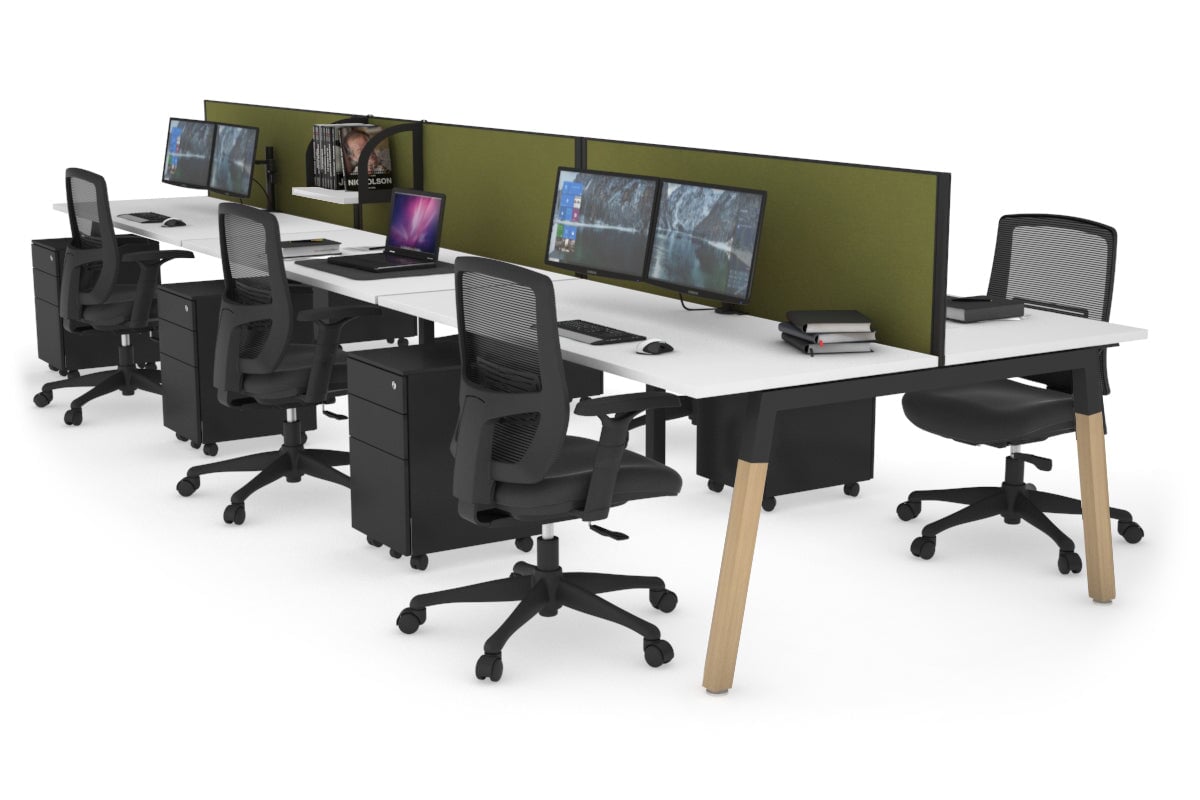 Quadro A Legs 6-Person Office Workstation with Wood Legs & Cross Beam [1400L x 700W] - Perfect for Collaborative Workspaces, Conference Rooms & Open Office Layouts