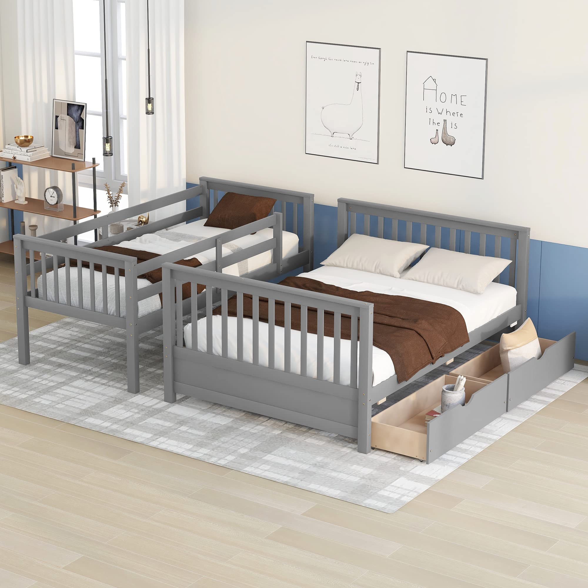 Merax Convertible Wood Bunk Bed with Ladders & Storage Drawers - Twin Over Full Size, Solid Wood Detachable Frame, Grey - Perfect for Kids' Bedroom, Guest Room & Space-Saving Solutions