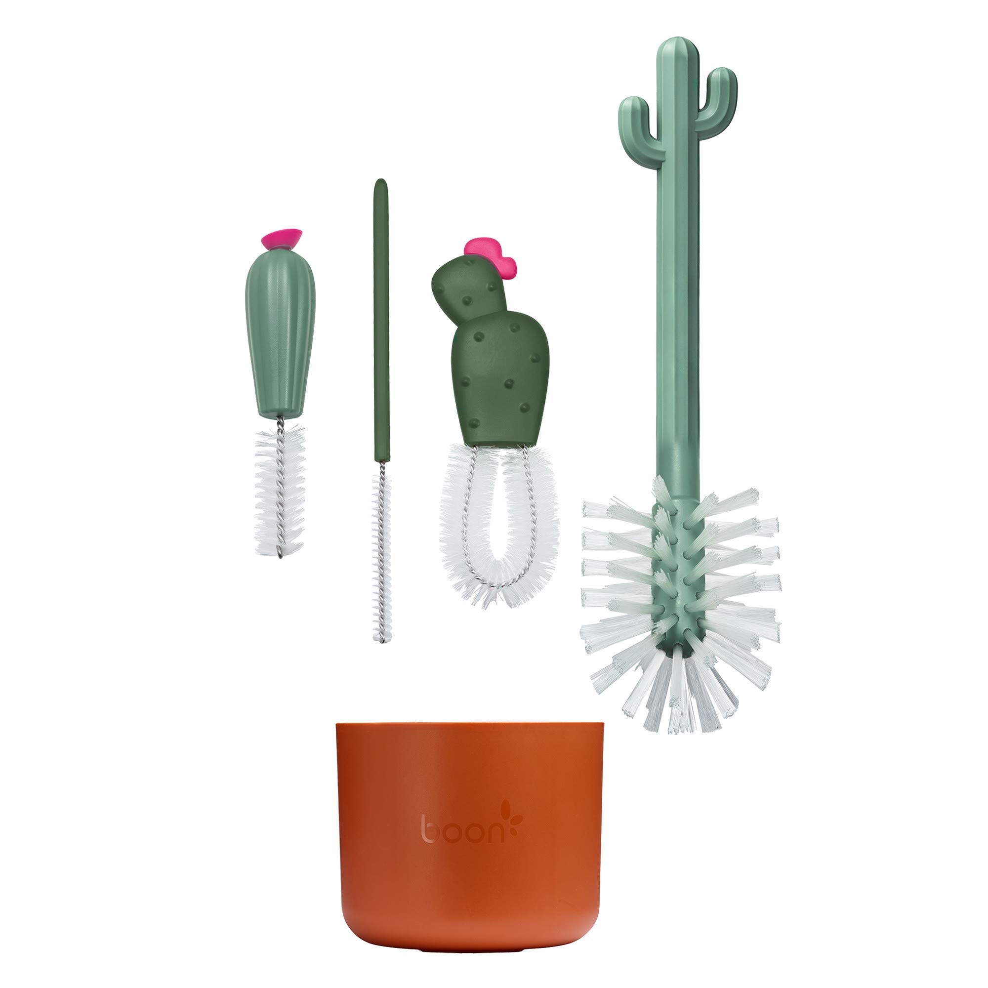 Boon Cacti Bottle Cleaning Brush Set - 4-Piece Dishwasher Safe Baby Bottle Brushes with Stand, Terracotta Color | Perfect for Cleaning Baby Bottles, Sippy Cups, and Narrow Containers