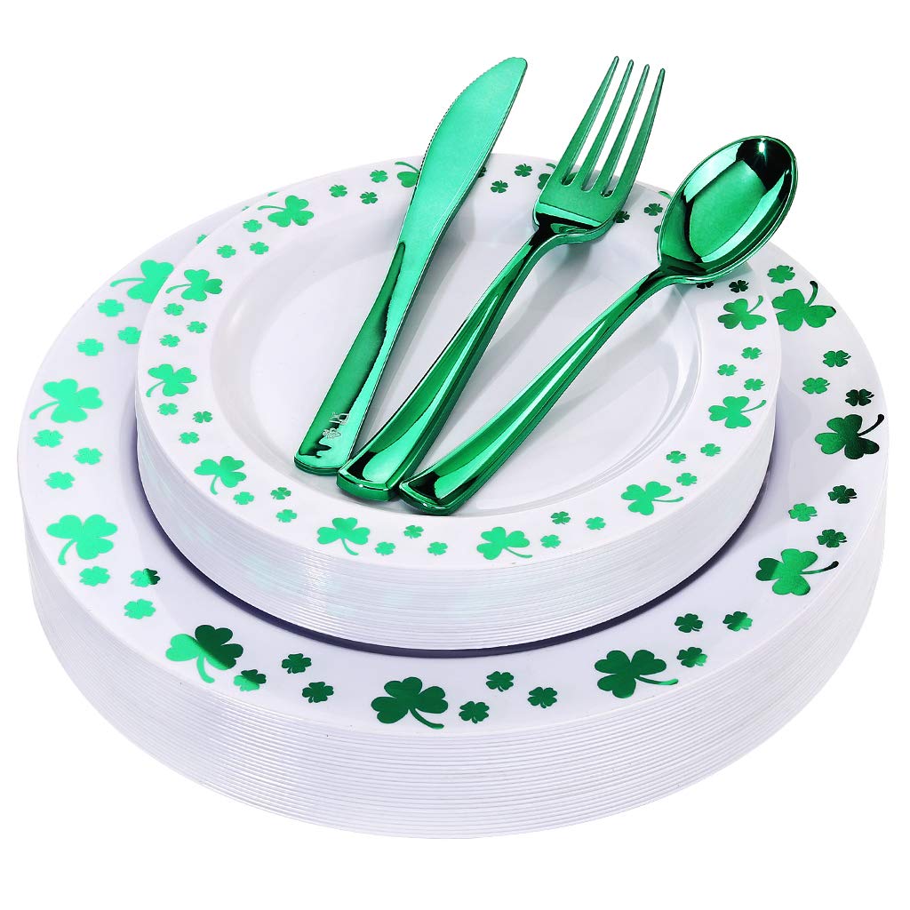 125pcs St. Patrick’s Day Plastic Plates with Shamrock Clover & Disposable Silverware Set - Premium White & Green Plastic Dinnerware for Wedding, Party, Holiday Celebration - Perfect for St. Patrick’s Day Festivities, Irish Themed Events & Family Gatherings