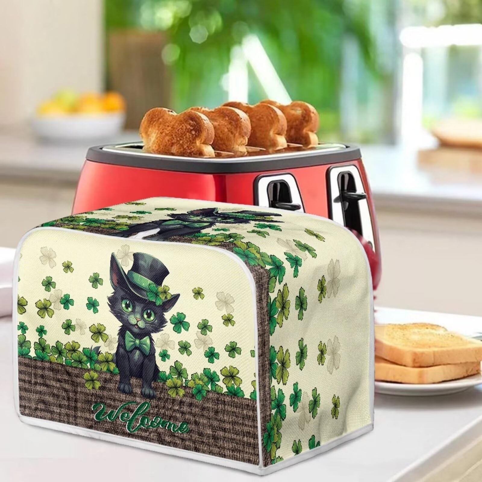 Lucky Leaves Black Cat Printed 4-Slice Toaster Cover - Universal Fit for Most Standard Toasters, Quilted Oven Bread Maker Dust Protector - Perfect for Kitchen Countertop Decor & Bakeware Protection