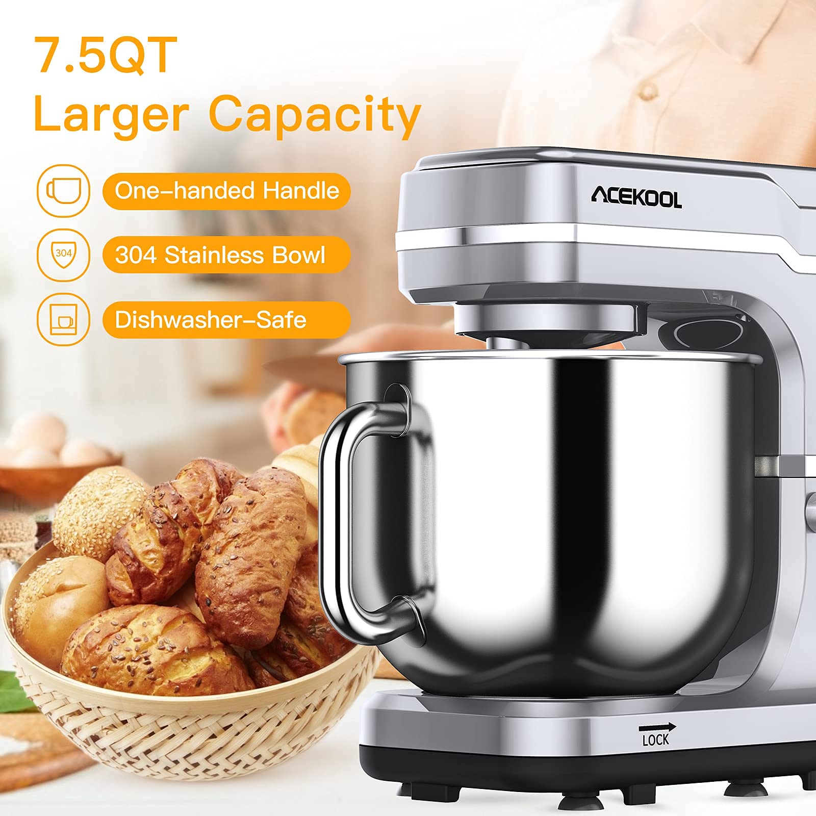 7.5QT 10-Speed 660W Tilt-Head Stand Mixer - Professional Kitchen Electric Food & Cake Mixer with Stainless Steel Bowl, Whisk, Dough Hook, Beater & Splash Guard (Silver) - Perfect for Baking Cakes, Cookies, Bread & Pastries at Home