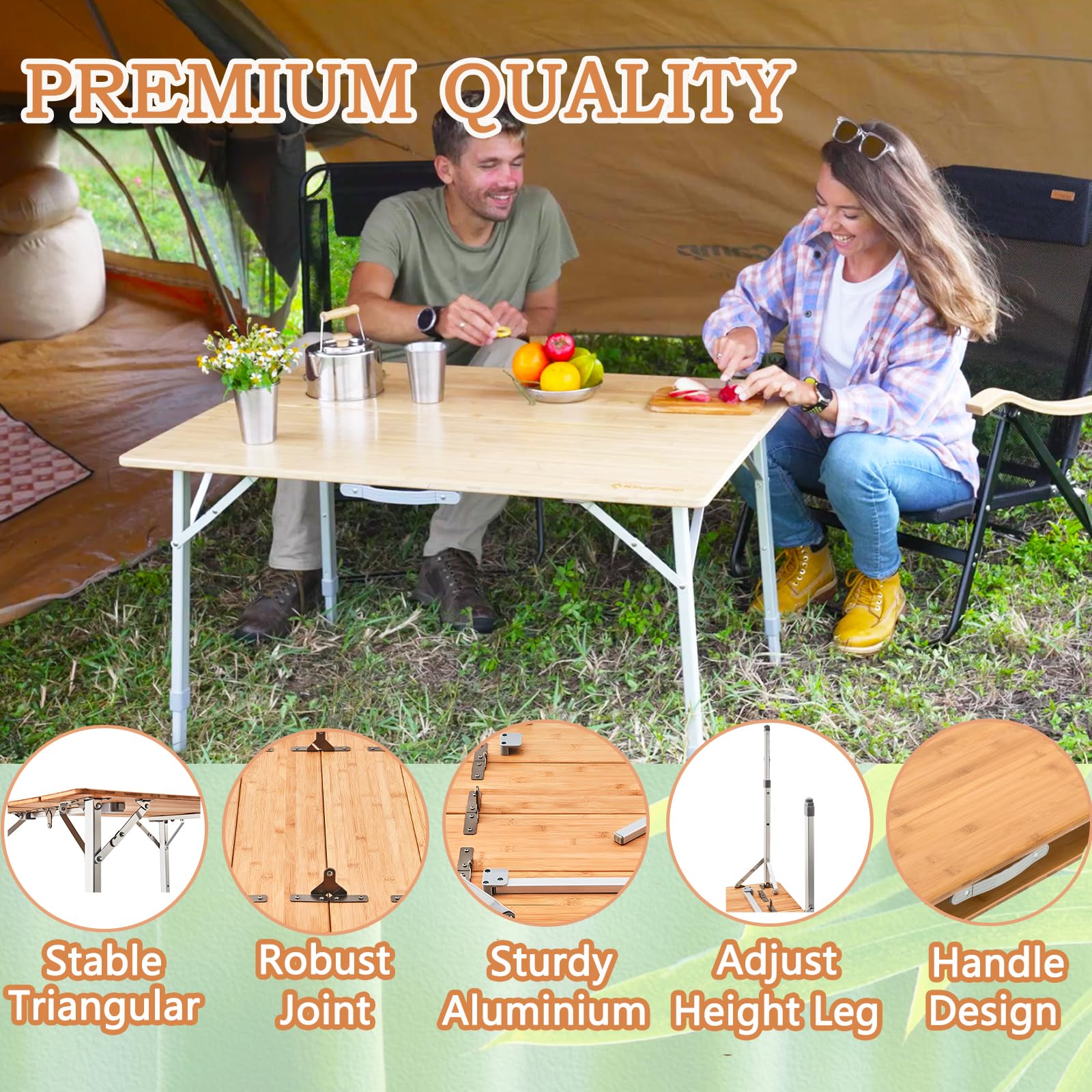 KingCamp Adjustable Height Bamboo Folding Camping Table with Aluminum Legs - Portable 2-Fold Outdoor Picnic Table for 4-6 People | Perfect for Camping, Backyard BBQs, Beach Trips & Tailgating Parties