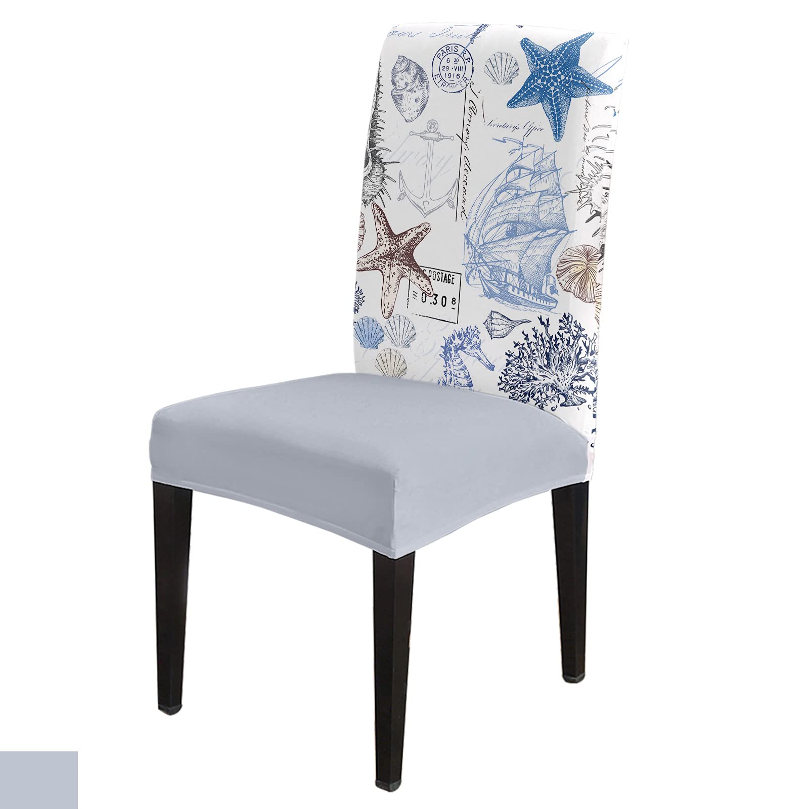 Stretch Dining Room Chair Covers Set of 6 - Nautical Sailboat Beach Theme with Starfish & Seashell Design, Elastic Bottom Seat Protectors for Kitchen, Office & Home Decor | Perfect for Coastal-Themed Dining Rooms, Beach Houses & Restaurant Decor