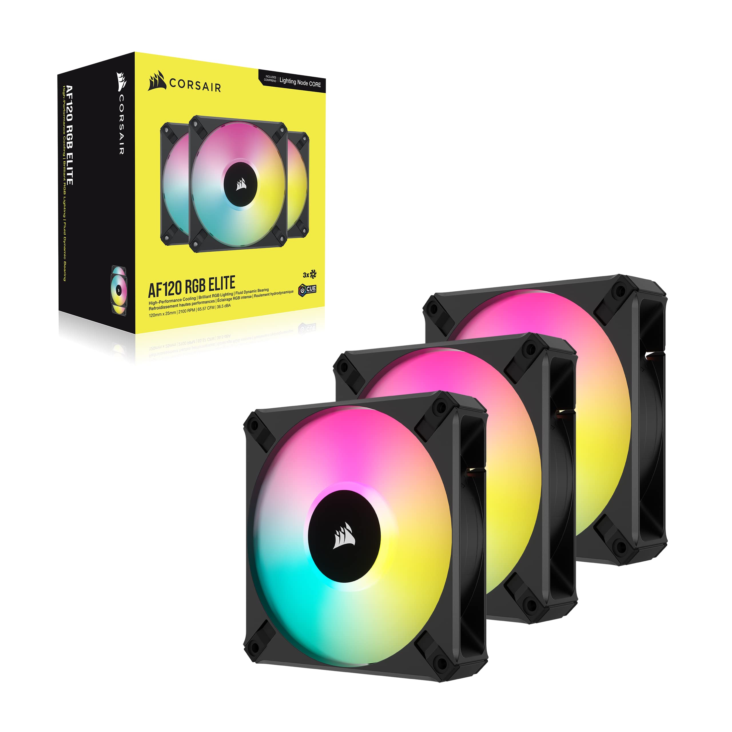 Corsair iCUE AF120 RGB Elite 120mm PWM Triple Fan Kit with 8 RGB LEDs, AirGuide Technology & Zero RPM Mode - Includes iCUE Lighting Node CORE Controller (Black, Renewed) - Perfect for PC Cooling, Gaming Rigs & Case Airflow Optimization