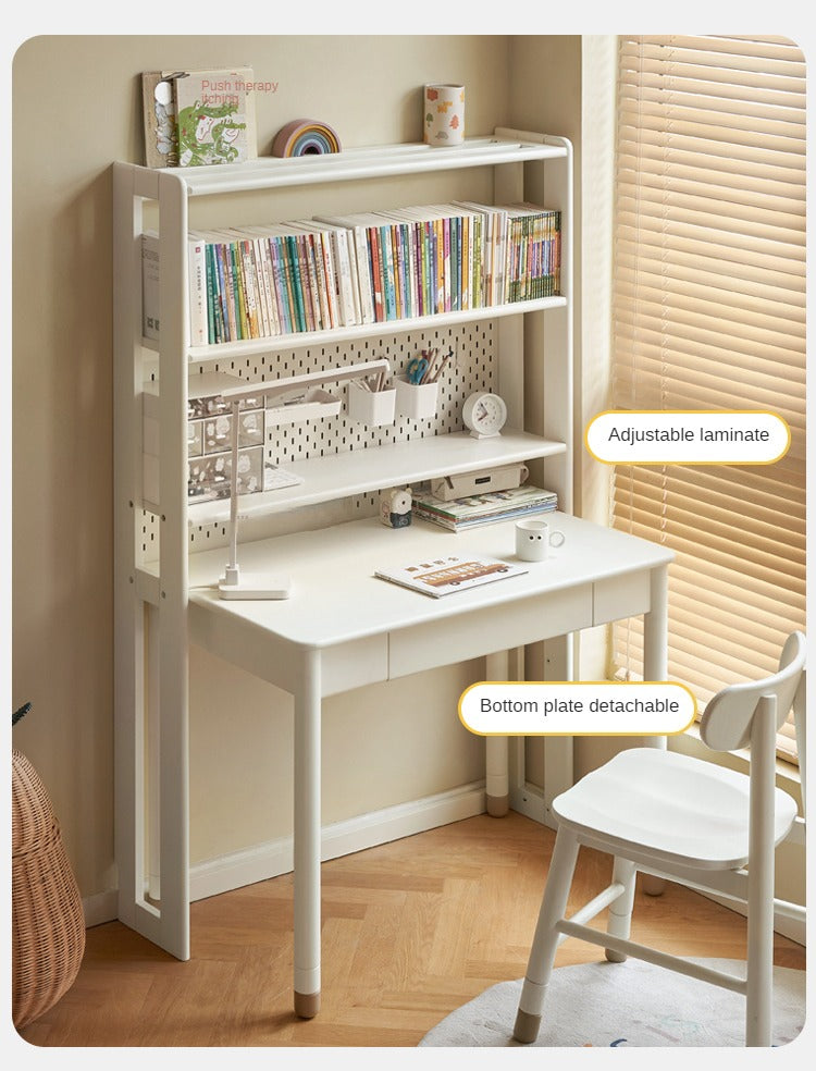 Birch Solid Wood Bookshelf - Modern Cream Floor Standing Bookcase with Adjustable Study Desk for Kids | Perfect for Children's Bedroom, Nursery, and Home Office Organization