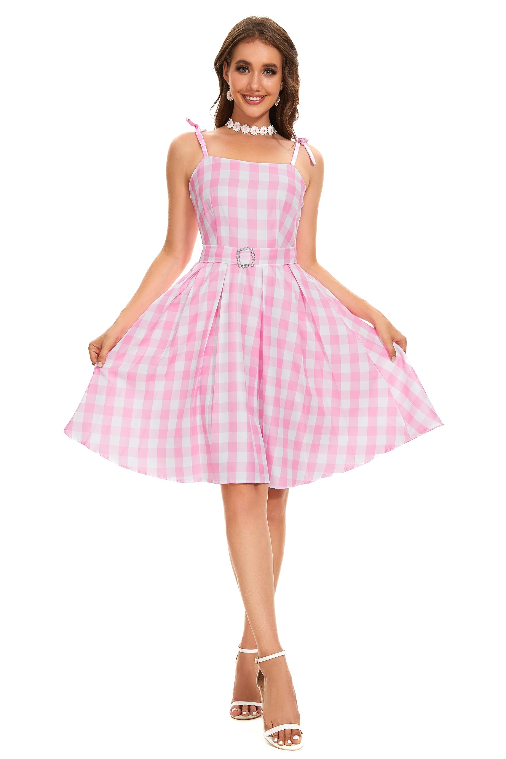 AYYOHON Women's Pink Plaid Dress with Skirt, Hair Bow, Daisy Necklace & Earrings Set - Halloween 2023 Cosplay Costume for Parties, Anime Conventions & Themed Events