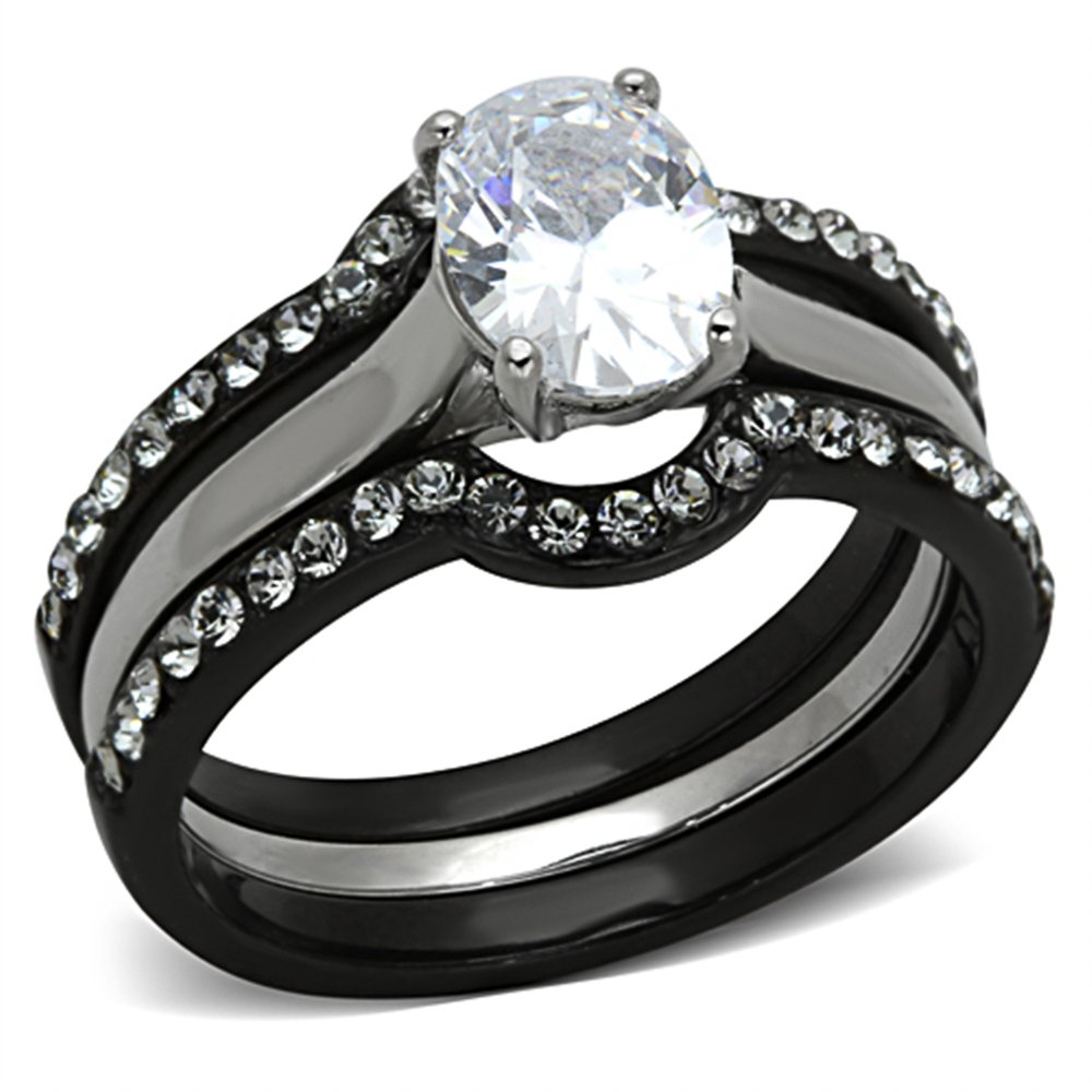 2.15ct Oval CZ Black Steel Wedding Ring Set for Women Size 5-10 - Elegant Bridal Jewelry