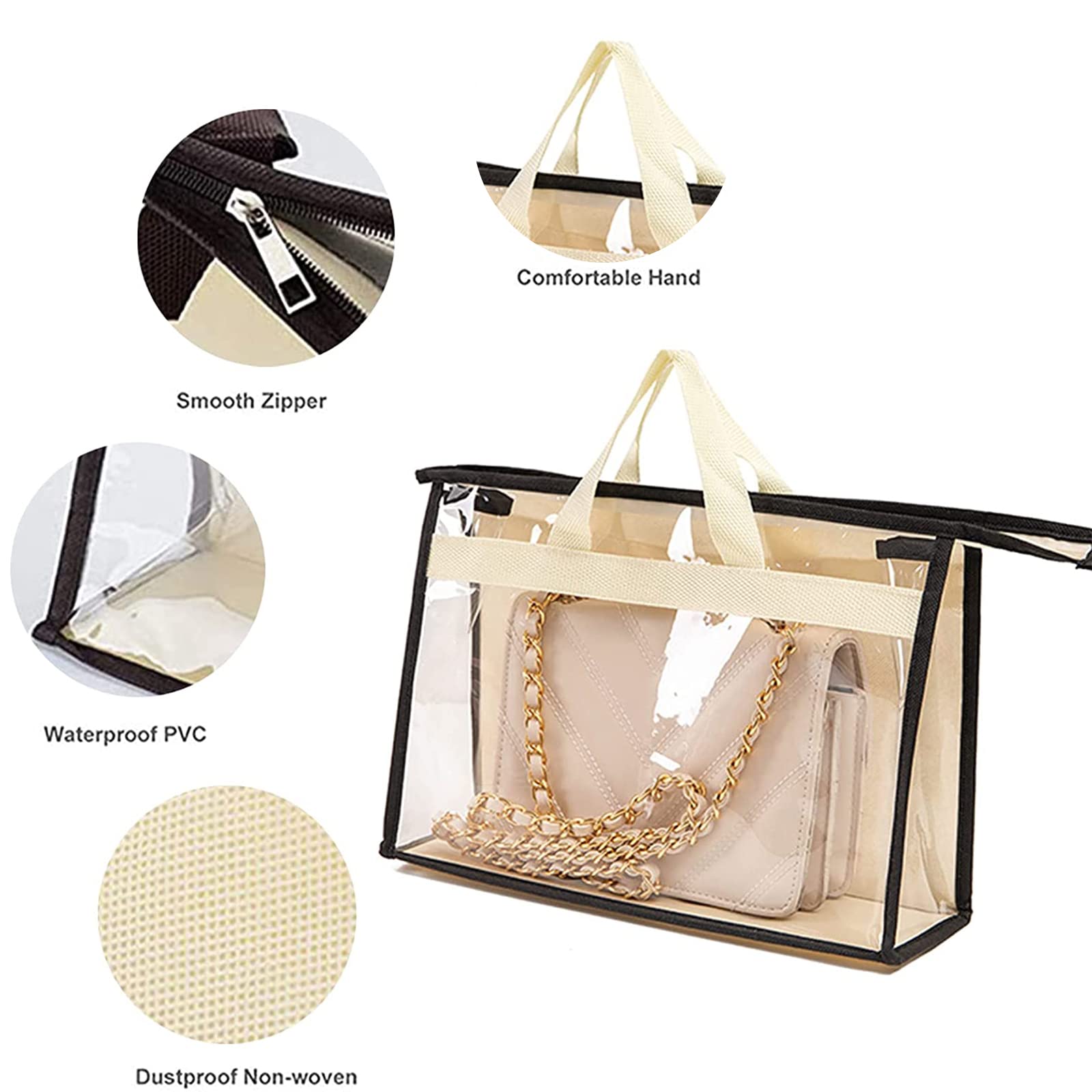 10 Pack Clear Handbag Storage Organizer with Handle & Zipper - Transparent Dustproof Purse Protector Bags for Closet Organization (Beige) | Perfect for Travel, Home Storage & Luxury Handbag Protection