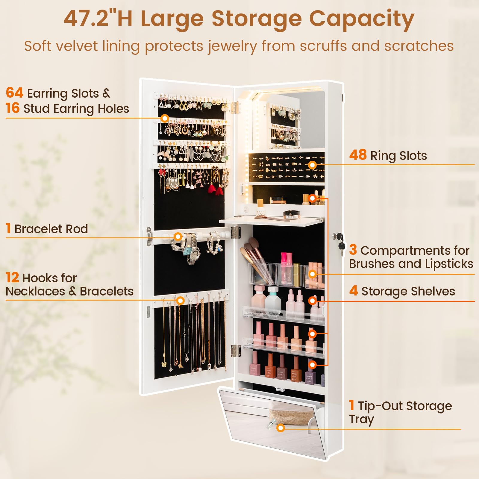 Charmaid Wall Mounted Jewelry Cabinet with Full Length Mirror - 47.2