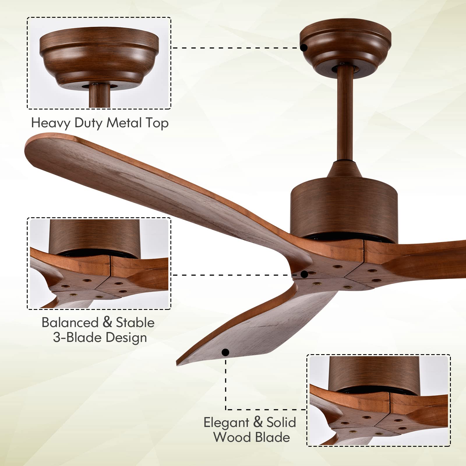 COSTWAY 52 Inch Modern Farmhouse Ceiling Fan with Remote Control - Reversible DC Motor, 8-Hour Timer & 5 Speed Settings - Ultra Quiet Low Profile Wood Blades for Indoor/Outdoor Use - Perfect for Living Room, Bedroom, Patio or Covered Porch (Brown, No Light)