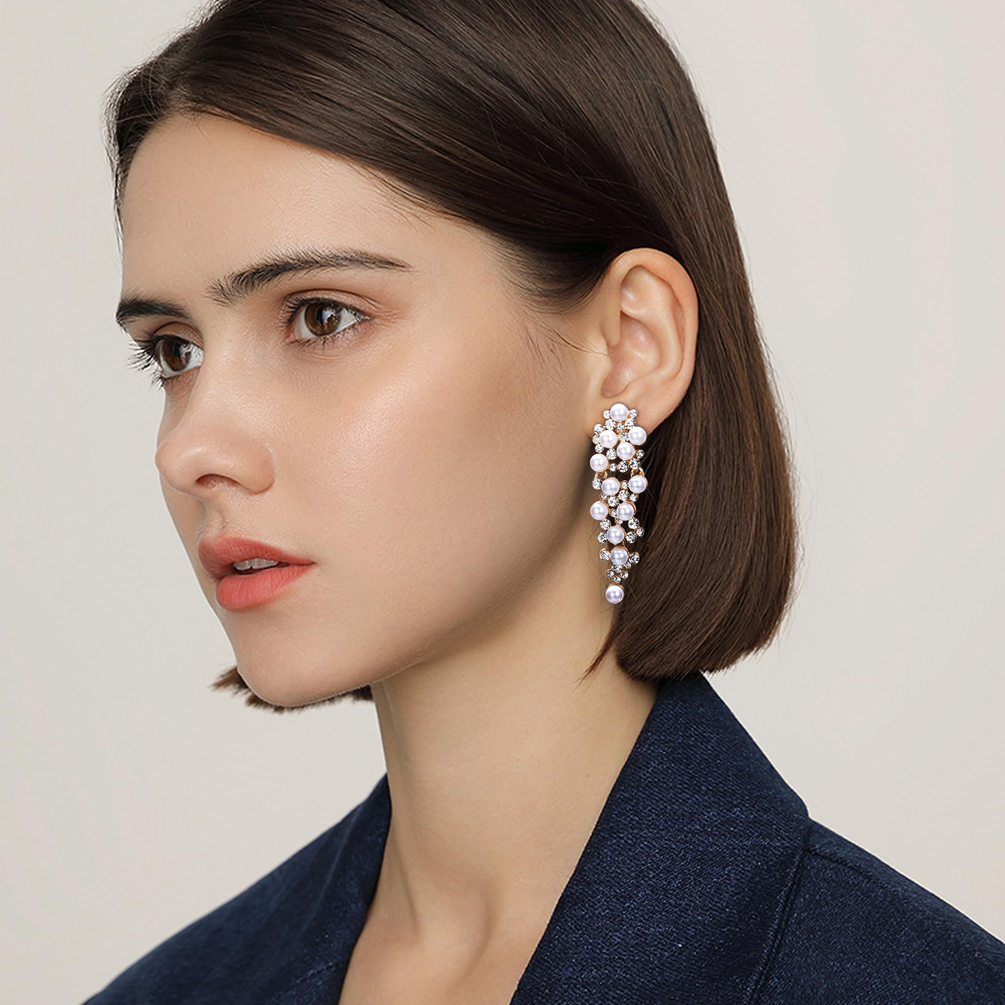 Elegant Silver Drop Pearl Clip-On Earrings for Women – Long Dangle Bridal Jewelry for Weddings, Parties & Special Occasions