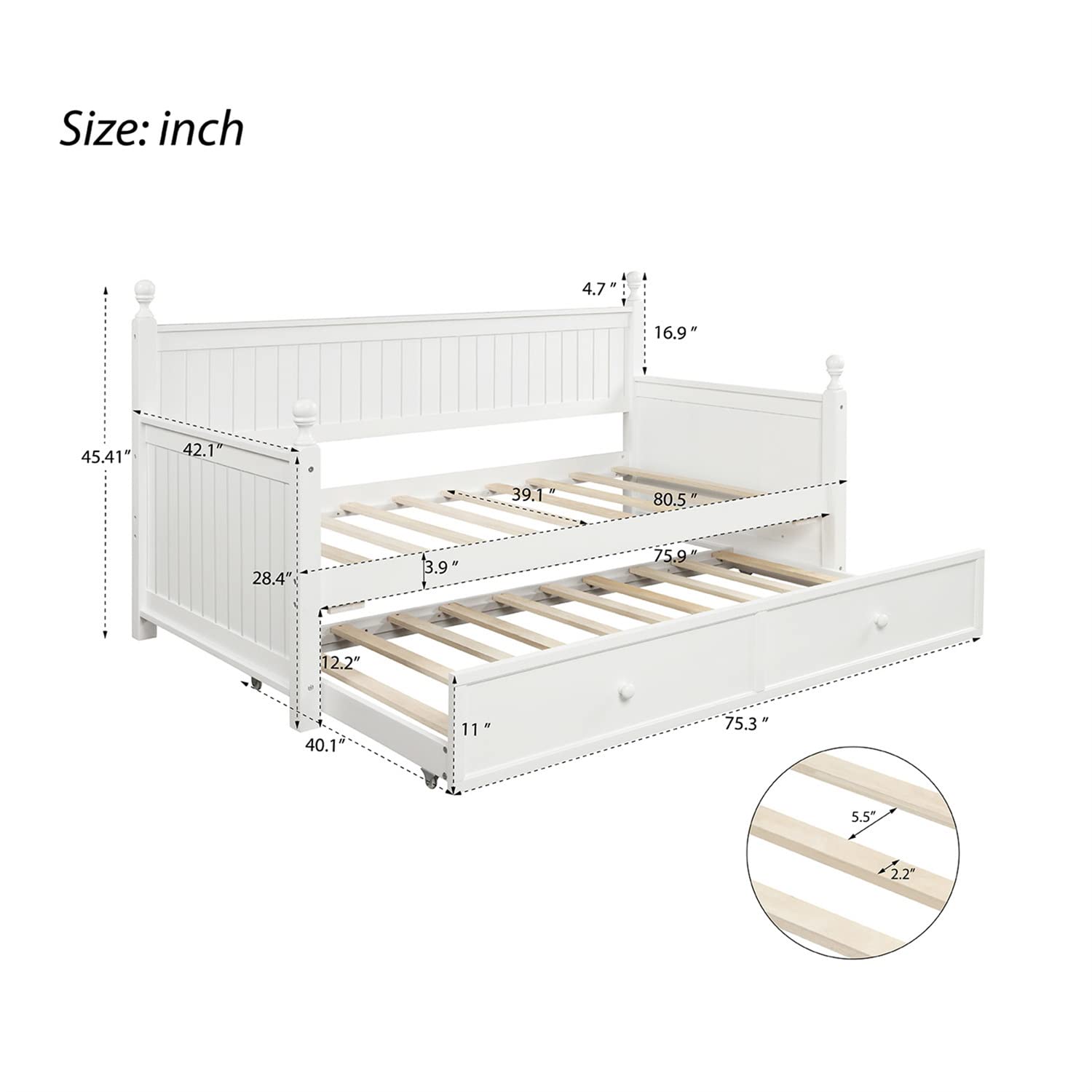 Twin Daybed with Trundle - Solid Wood Daybed Frame for Living Room & Bedroom - Convertible Sofa Bed for Kids, Guests & Sleepovers - Twin Size White - Perfect for Small Spaces & Overnight Visitors