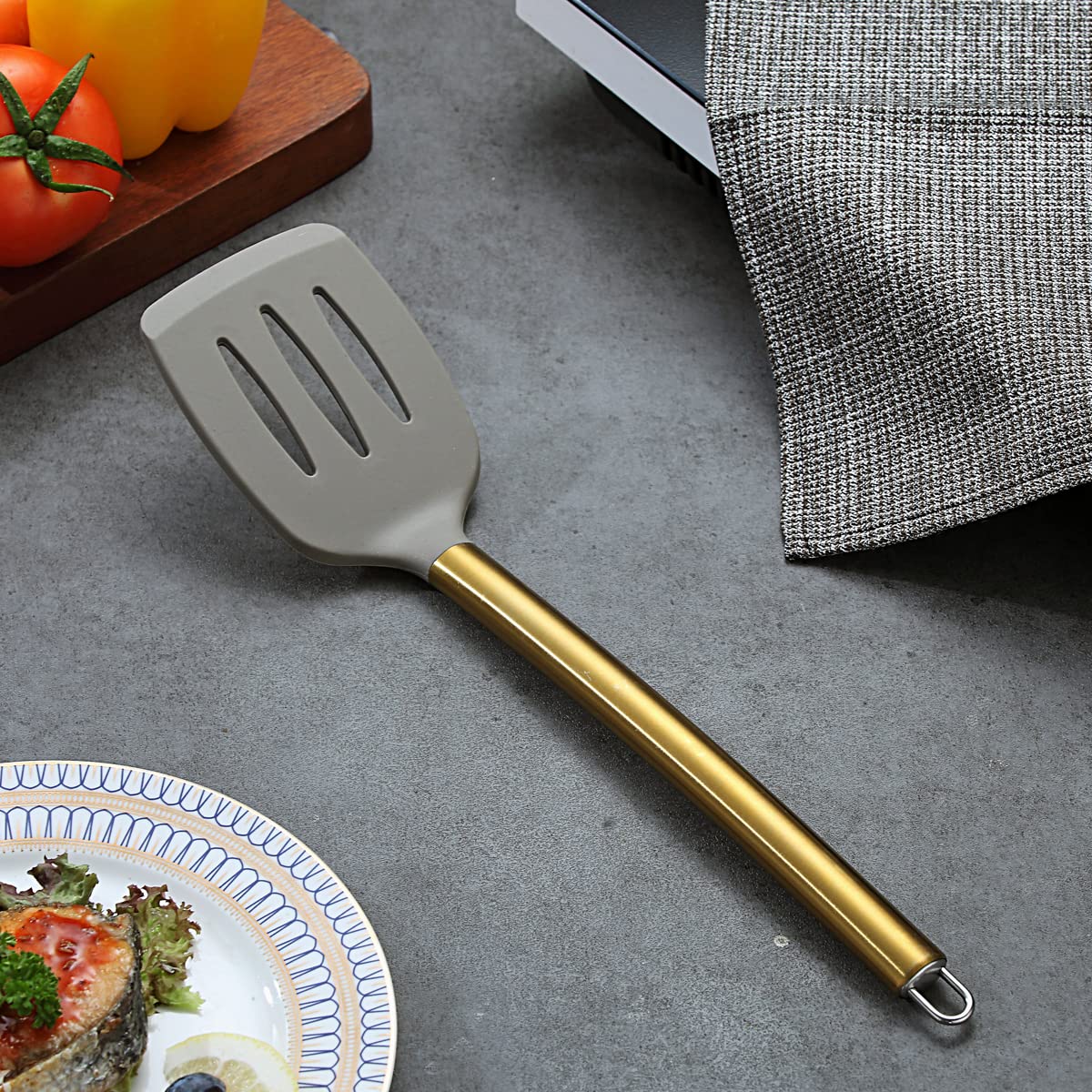 Premium Gold Plated Non-Stick Silicone Slotted Turner - Berglander Titanium Handle Cooking Spatula for Kitchen & BBQ | Dishwasher Safe & Easy to Clean | Perfect for Flipping Pancakes, Burgers & Grilling