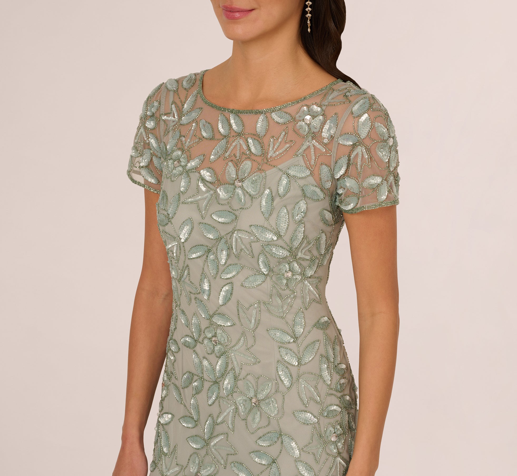 Hand Beaded Short Sleeve Floral Godet Gown in Frosted Sage - Elegant Boho Wedding Guest Dress for Summer Parties & Beach Weddings