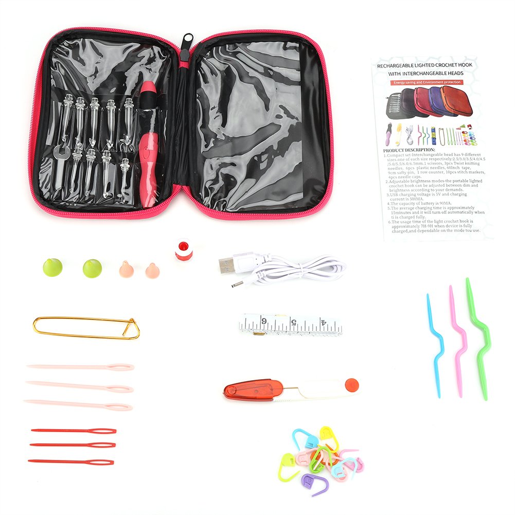 Zerodis 40Pcs USB Rechargeable Light Up Crochet Hooks Set with 9 Interchangeable Heads - Ergonomic Knitting Needles for Beginners & Professionals - Perfect for Night Crocheting, DIY Crafts & Gift Making