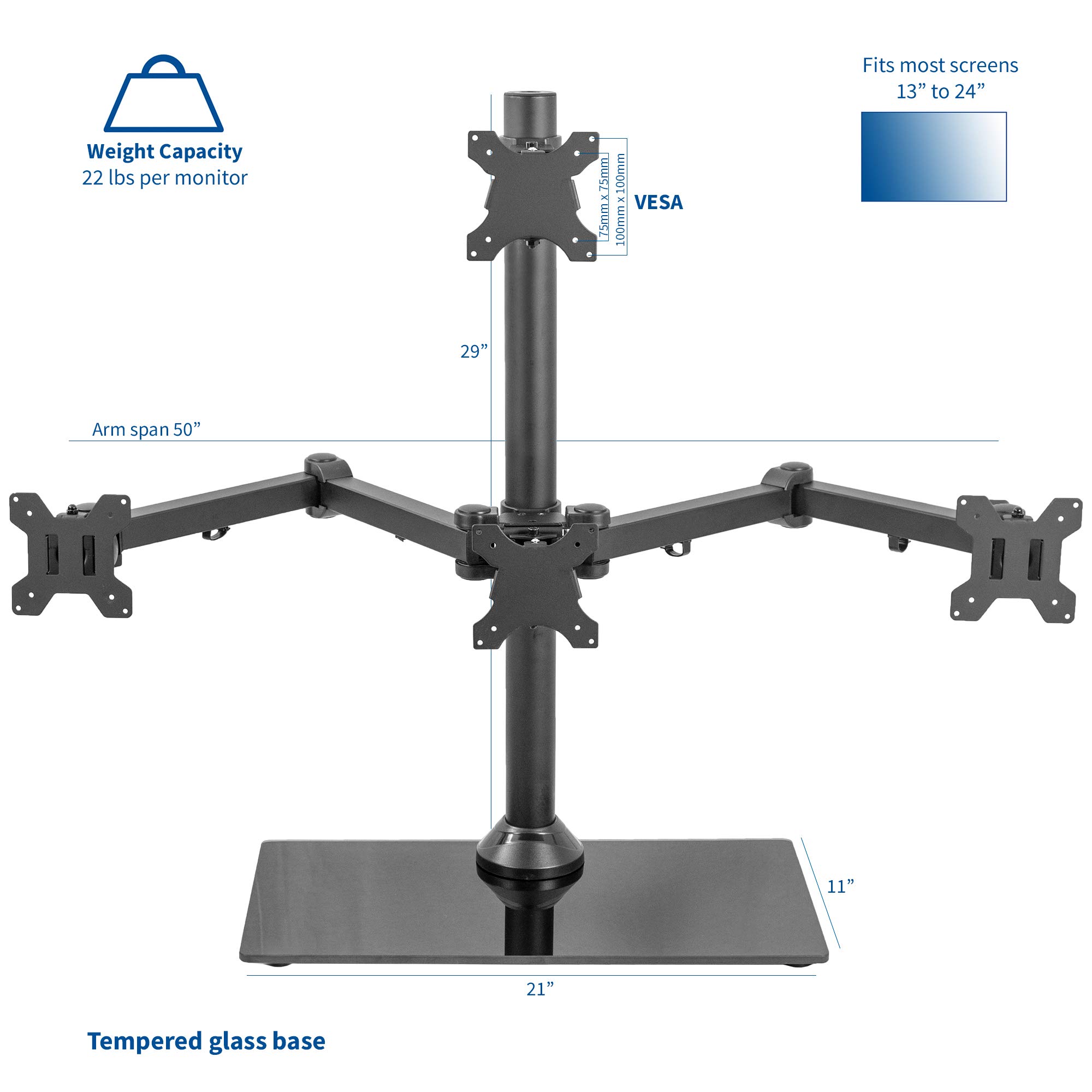 VIVO Black Steel Quad Monitor Stand for 4 Screens up to 24 inches - Heavy Duty Adjustable Free Standing LCD/LED Computer Display Mount STAND-V004TG - Perfect for Home Office, Gaming Setup & Multi-Tasking Workspace