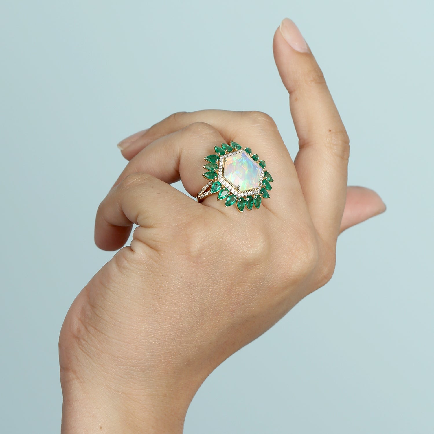 Hexagon Opal Ethiopian Pear Cut Emerald Pave Diamond Gold Cocktail Ring for Women - Elegant Statement Jewelry for Parties, Weddings & Special Occasions