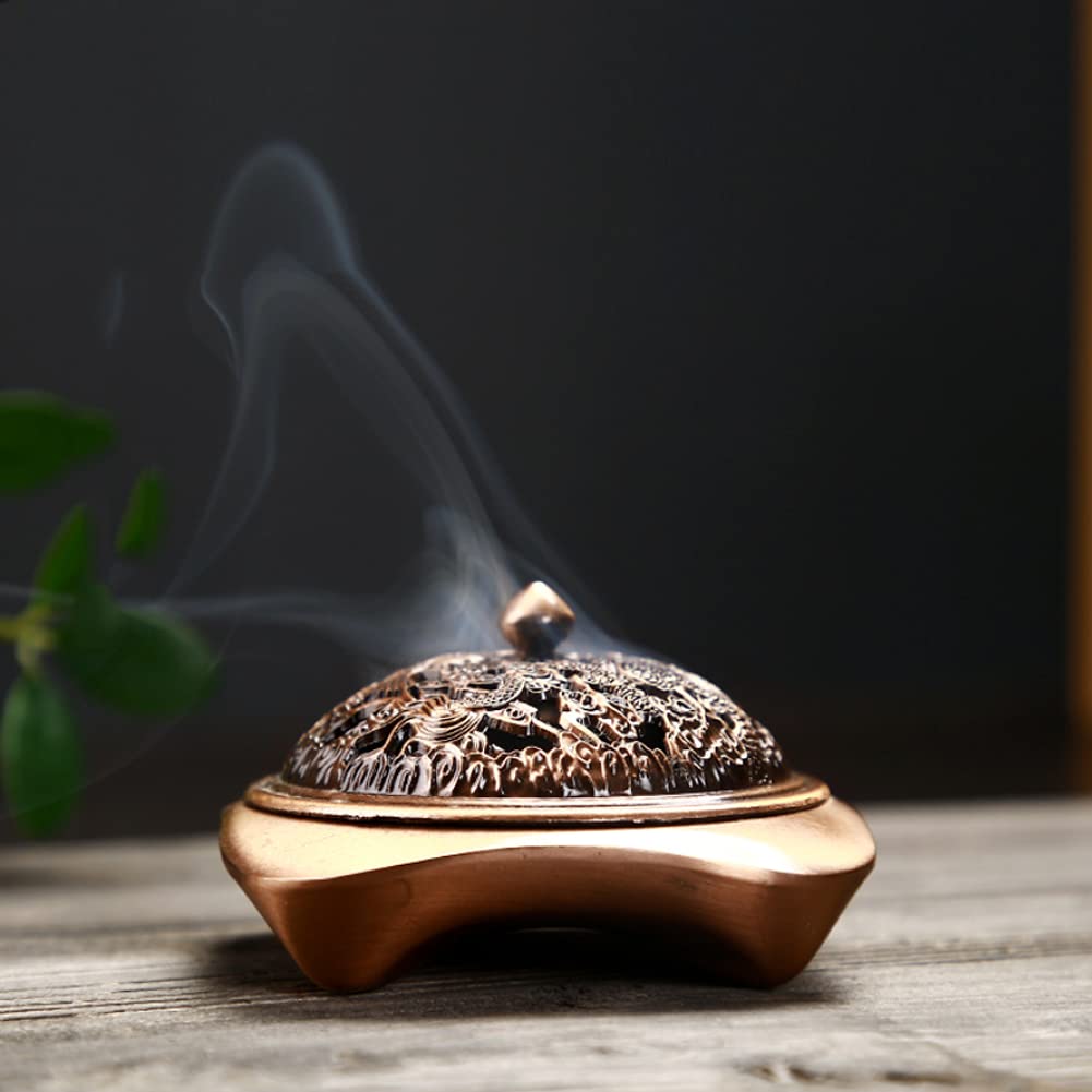 Antique Bronze Zinc Alloy Incense Burner Bowl - Square Cone Stick Coil Holder with Ash Catcher Tray - Buddhist Temple Home Decor for Meditation, Yoga & Aromatherapy (Red Copper)