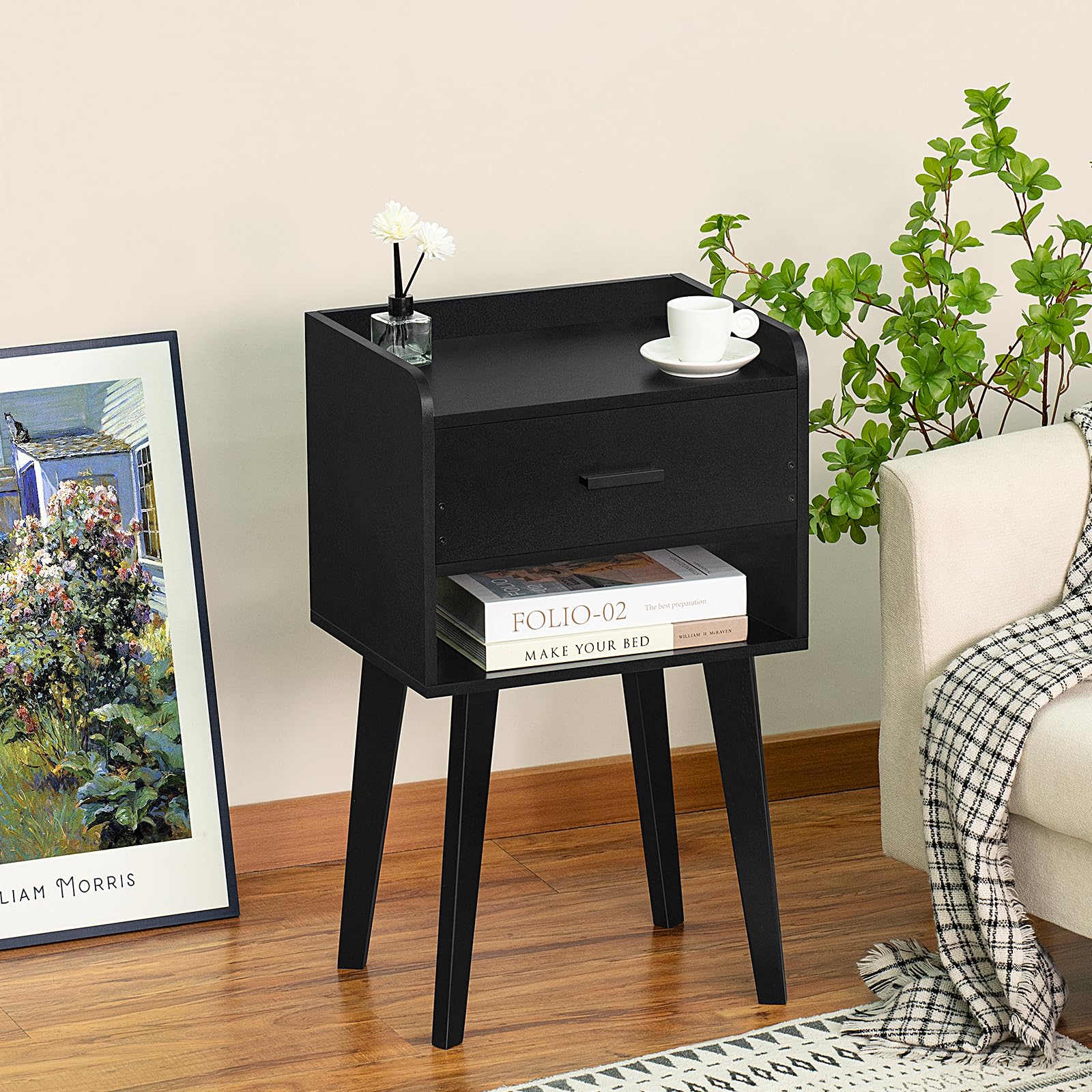 Modern Black Nightstand with Drawer - Wooden Bedside Table for Small Spaces, Storage Side Table - Perfect for Bedroom, Living Room, Dorm & Office (26.38