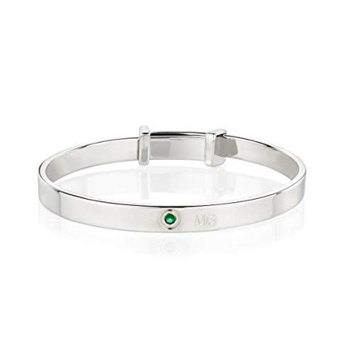 Personalized Sterling Silver Expandable Baby Bangle with May Emerald Birthstone – Baptism Jewelry, Baby Keepsake & Newborn Gift for Baby Shower, Christening & Birthday Celebrations | Perfect for Special Occasions & Photo Shoots
