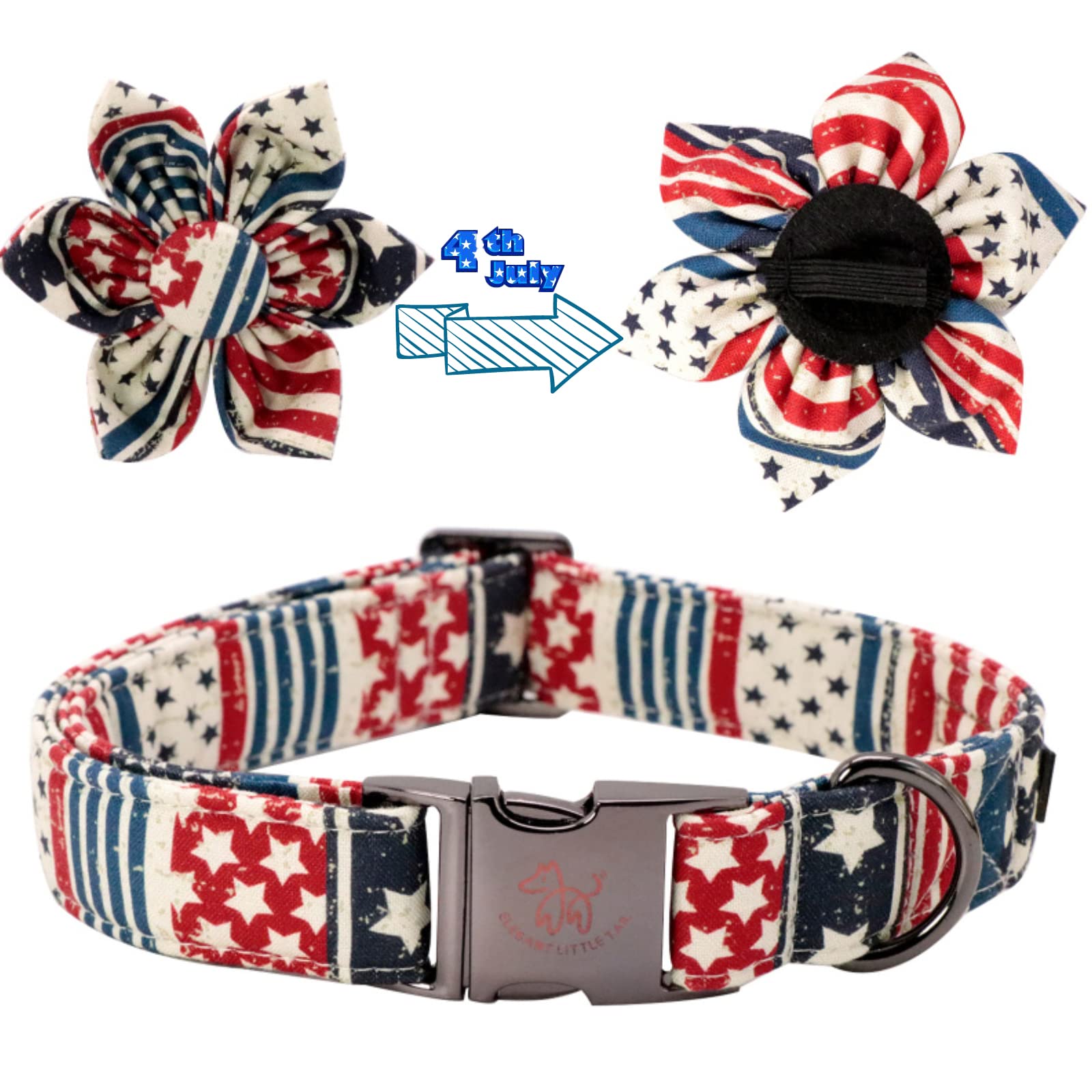 Stylish American Flag Dog Collar with Detachable Flower - Adjustable Pet Collar for Large Dogs | Perfect for Patriotic Events, Outdoor Walks & Gift Giving