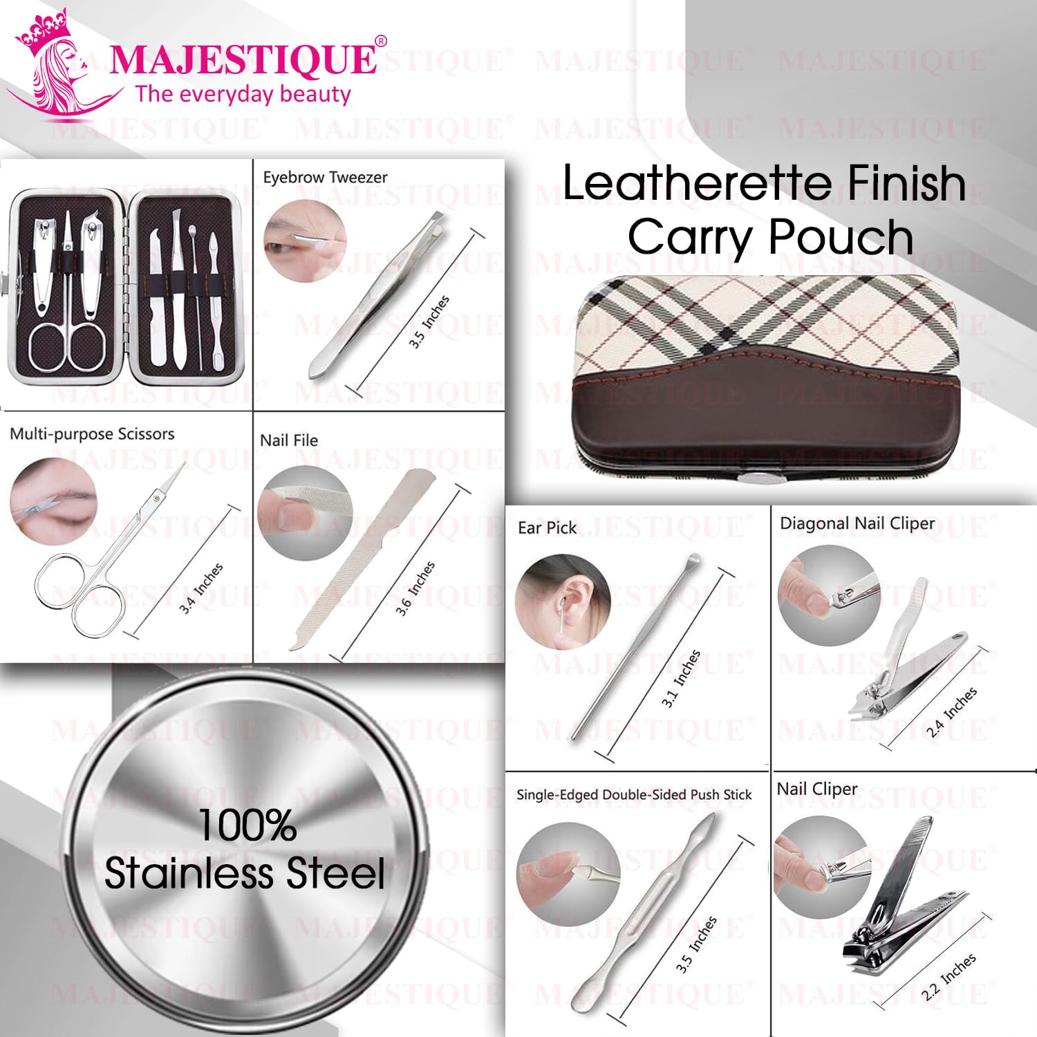 Majestique 7-in-1 Professional Manicure Kit - Stainless Steel Nail Clippers, Scissors, Cuticle Pusher, Nail File & Blackhead Remover - Portable Travel Grooming Set for Women & Men - Ideal for Home, Travel, Salon, Spa & Daily Nail Care - Perfect Gift for Beauty Enthusiasts
