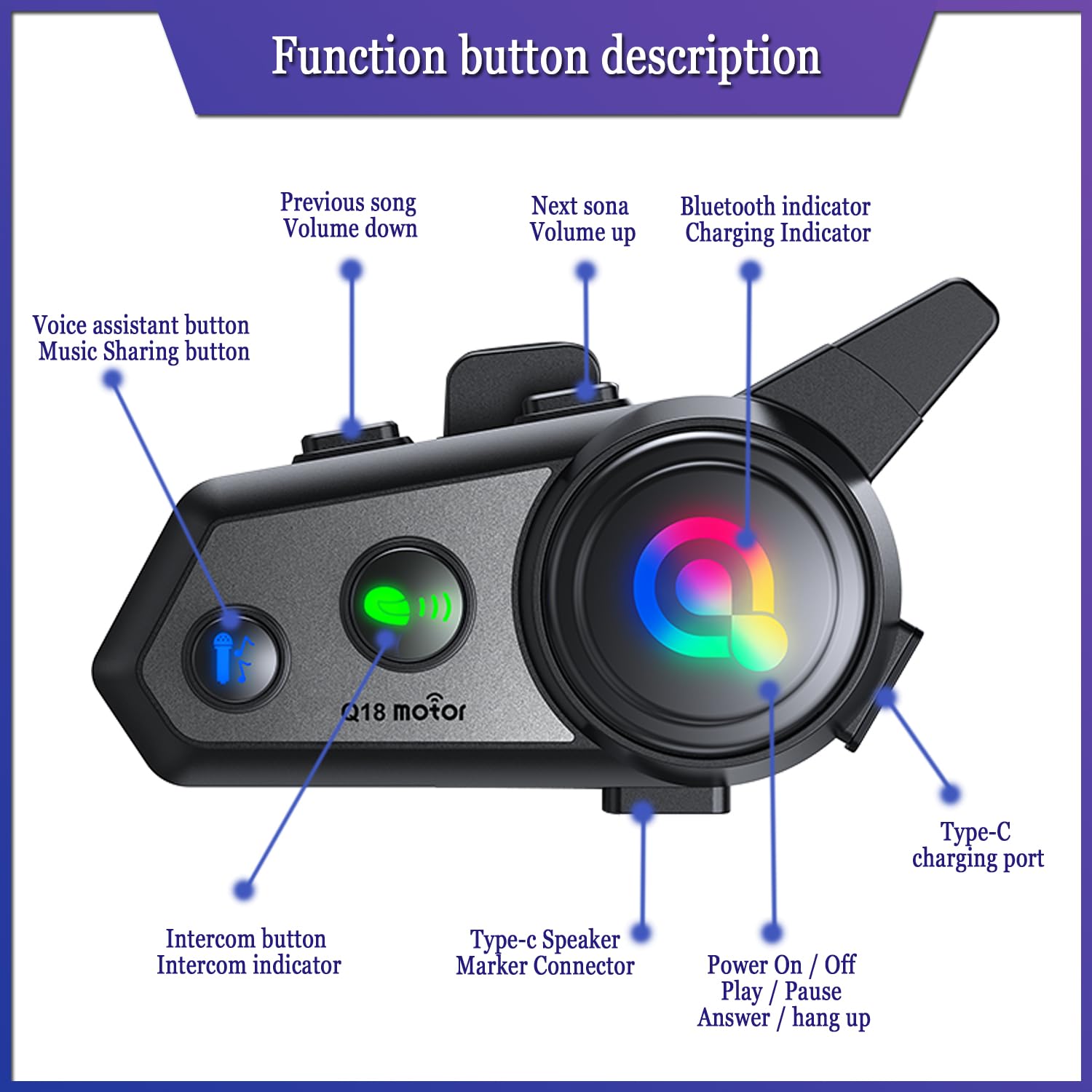 Q18 Motorcycle Bluetooth Headset - 2 Pack Motorbike Intercom with Music Sharing, 1000m Range for 2 Riders, HiFi Stereo Sound, CVC Noise Cancellation & Auto Answer - Perfect for Group Riding, Road Trips and Hands-Free Communication
