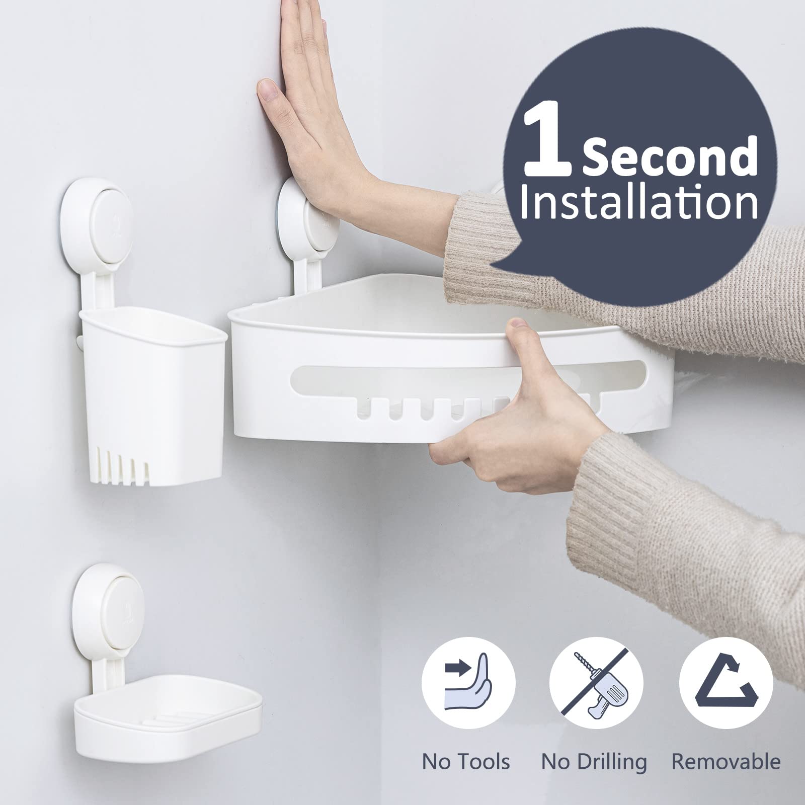 TAILI Corner Shower Caddy with Suction Cup Storage Basket - No Drill Removable Shower Organizer Set with Toothbrush Holder & Soap Dish - Perfect for Bathroom, Kitchen & Bedroom Organization