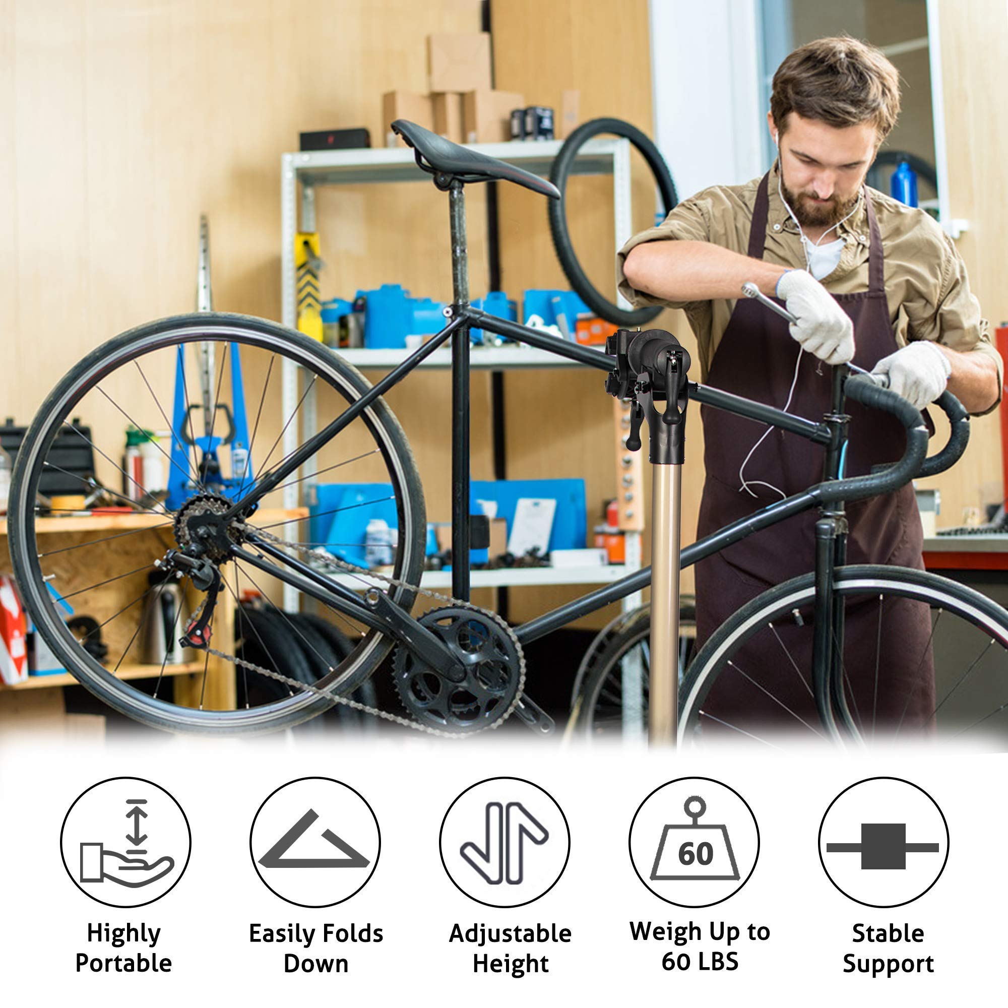 CARSTY Adjustable Height Bike Repair Stand - Heavy Duty Folding Bike Workstand for MTB & Road Bikes, Home & Shop Use with Tool Tray (Supports 60 lbs) - Perfect for Bike Maintenance, Tune-ups & Storage