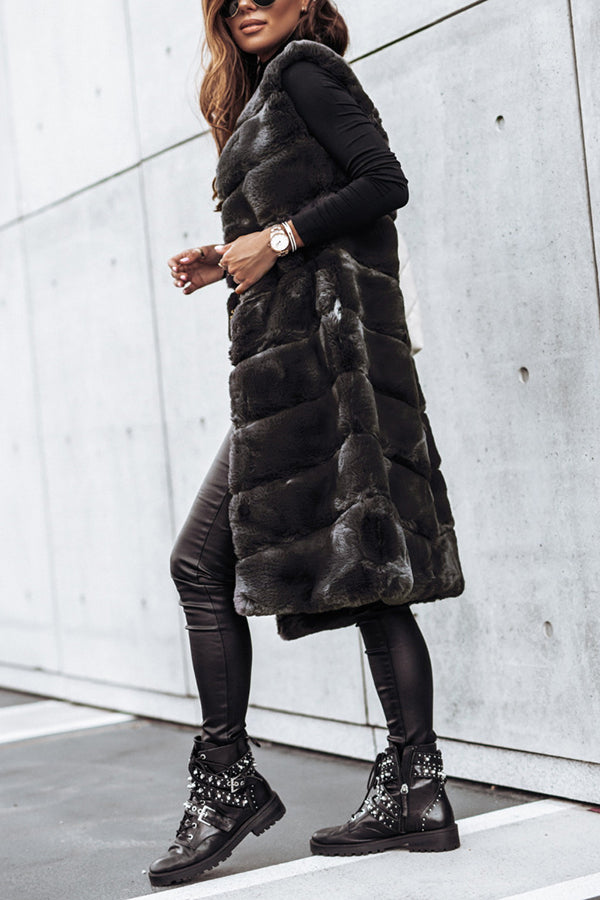 Solid Color Fur Round Neck Sleeveless Midi Vest Jacket for Women - Cozy Winter Fashion Outerwear for Casual Outings & Office Wear