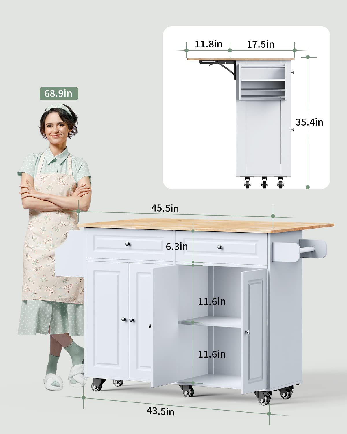 Rolling Kitchen Island Cart with Natural Rubber Wood Top - Mobile Kitchen Cart with Double Storage Cabinets & Drawers - White Kitchen Workstation for Small Spaces & Apartment Cooking