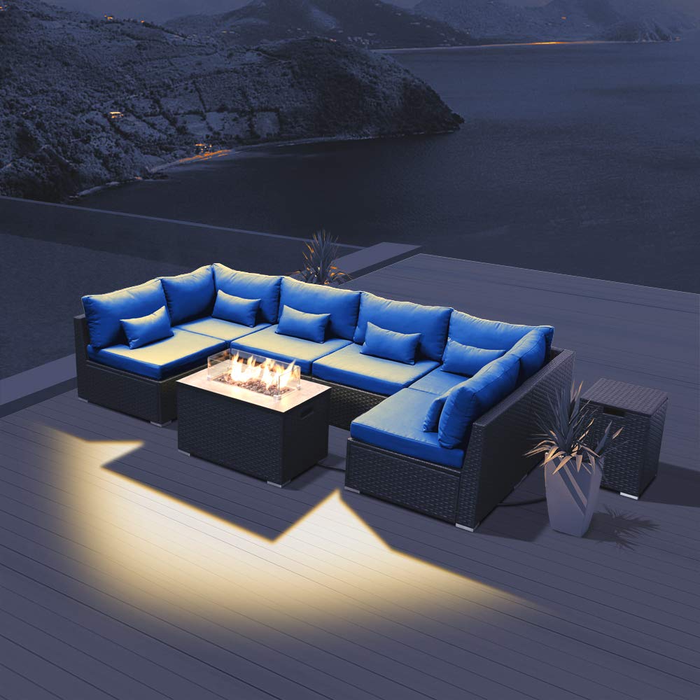 Premium Dineli Outdoor Patio Furniture Set - 7-Piece Sectional Sofa with Rectangular Gas Fire Pit Table, Royal Blue Cushions - Perfect for Backyard, Poolside & Garden Gatherings