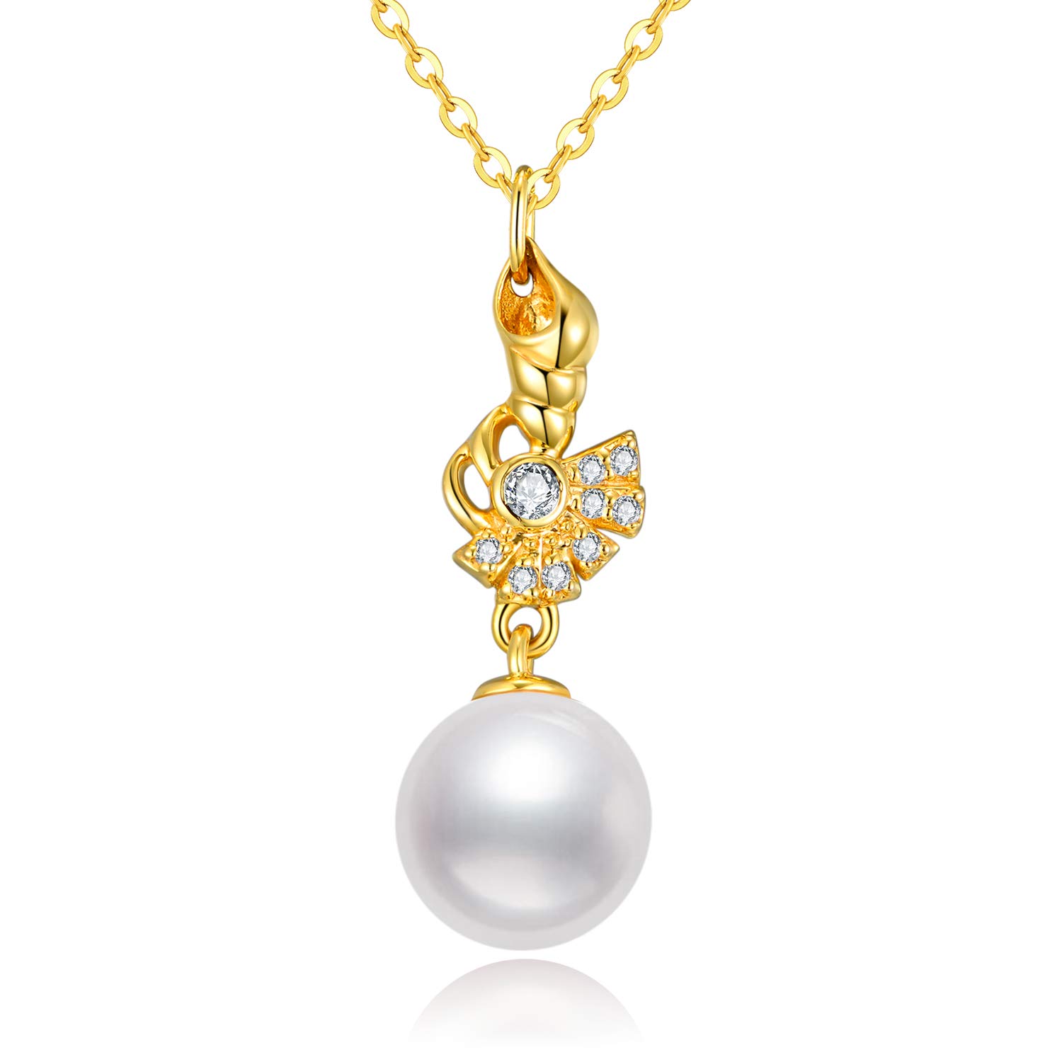14K Yellow Gold Pearl Necklace for Women - Genuine Gold Pearl Pendant Jewelry Gift for Mom, Wife, Grandma - Adjustable 16