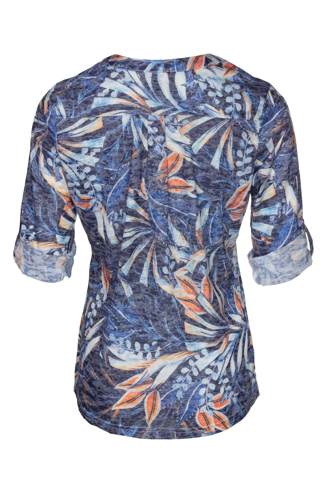 Stylish Burnout Tunic with Nehru Collar | Blue Orange Fern Print | Women's Boho Chic Top 6061B1 | Perfect for Casual Wear, Beach Outfits & Summer Fashion