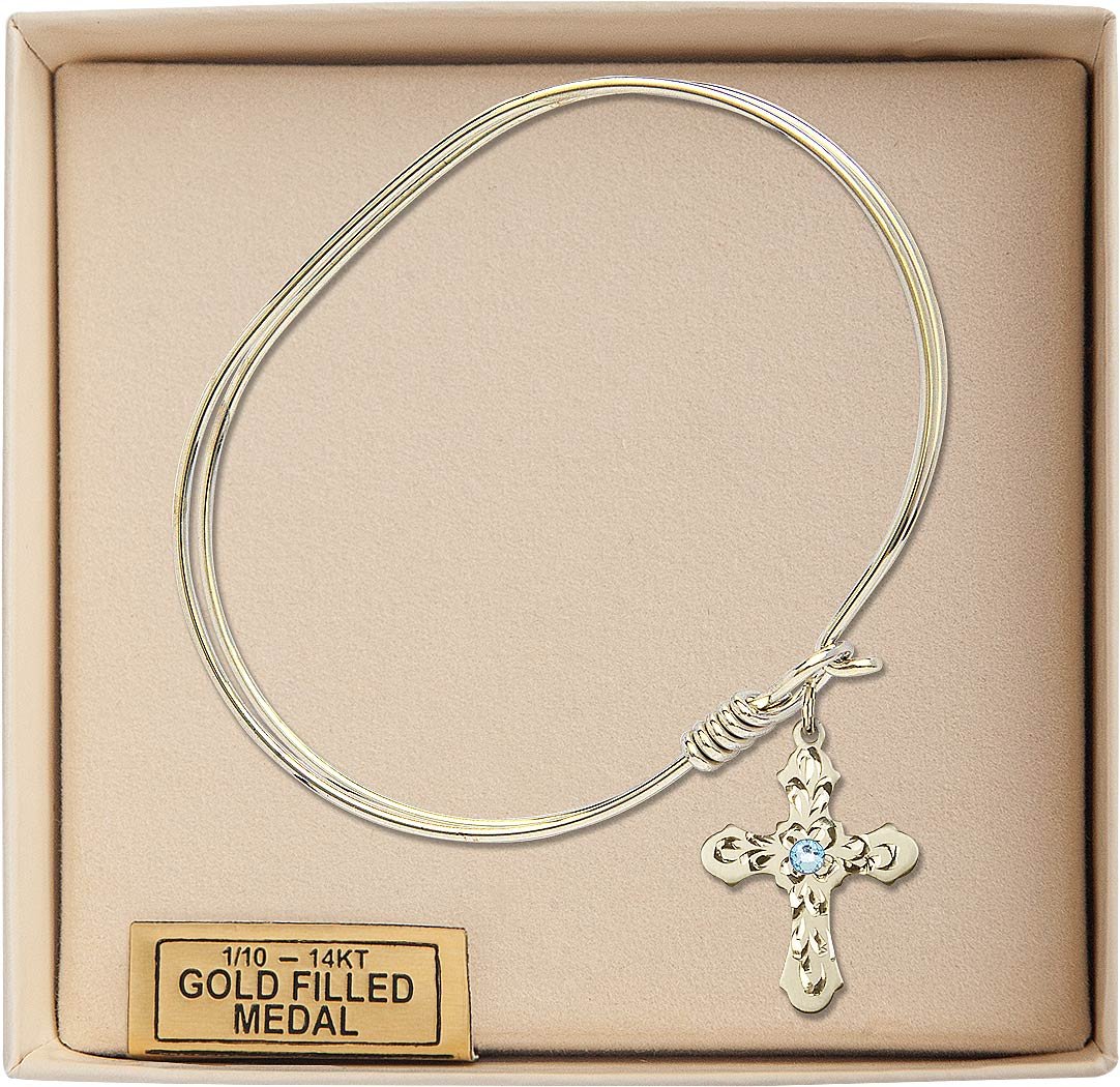 7 Inch Oval Eye Hook Bangle Bracelet with Cross Medal Charm & March Blue Crystal - Elegant Jewelry for Women, Perfect for Church, Weddings, and Special Occasions