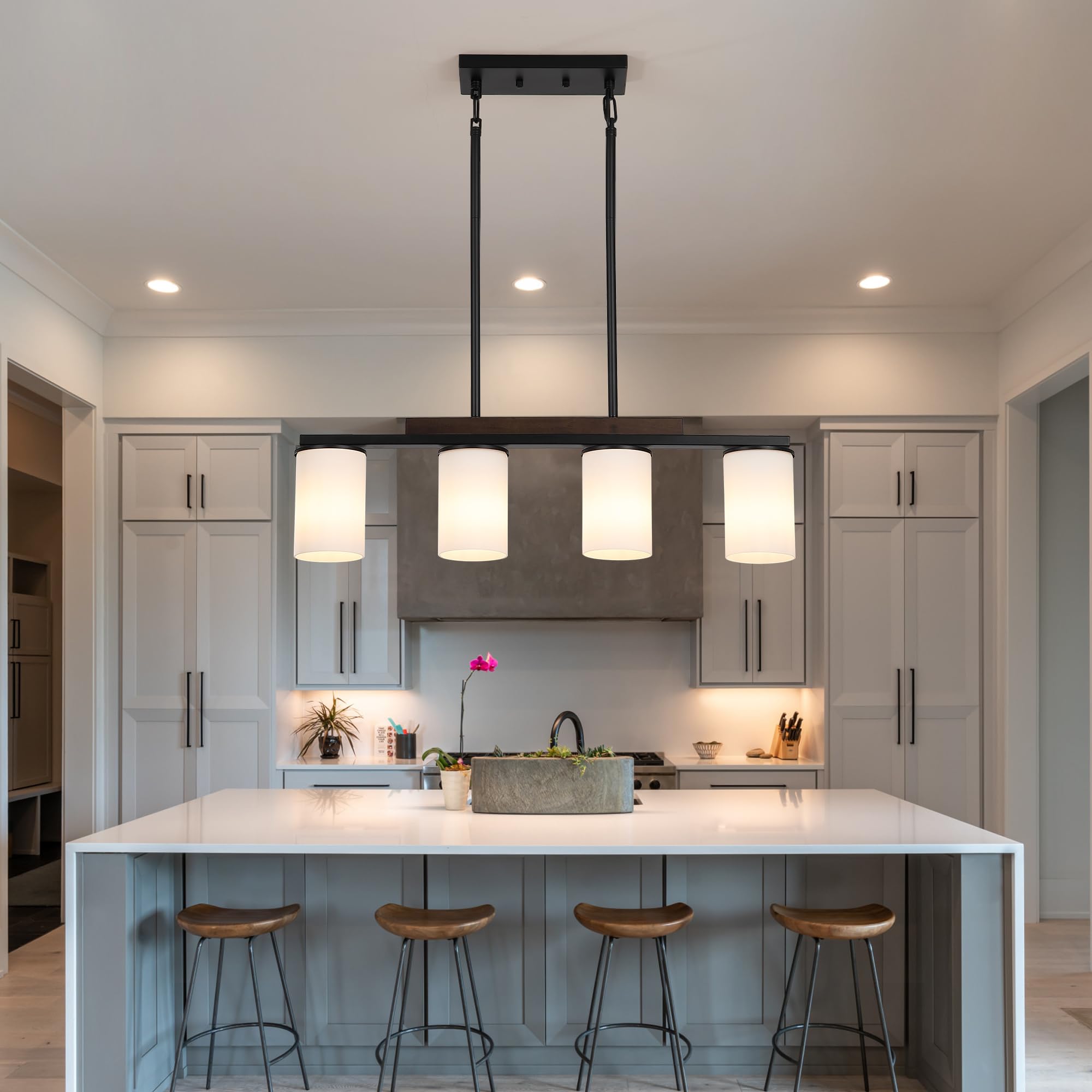 Farmhouse Black Pendant Lights with Milk Glass Shade - 4 Light Linear Chandelier for Dining Room & Kitchen Island - Rustic Wood Accent Lighting Perfect for Farmhouse, Industrial & Modern Decor