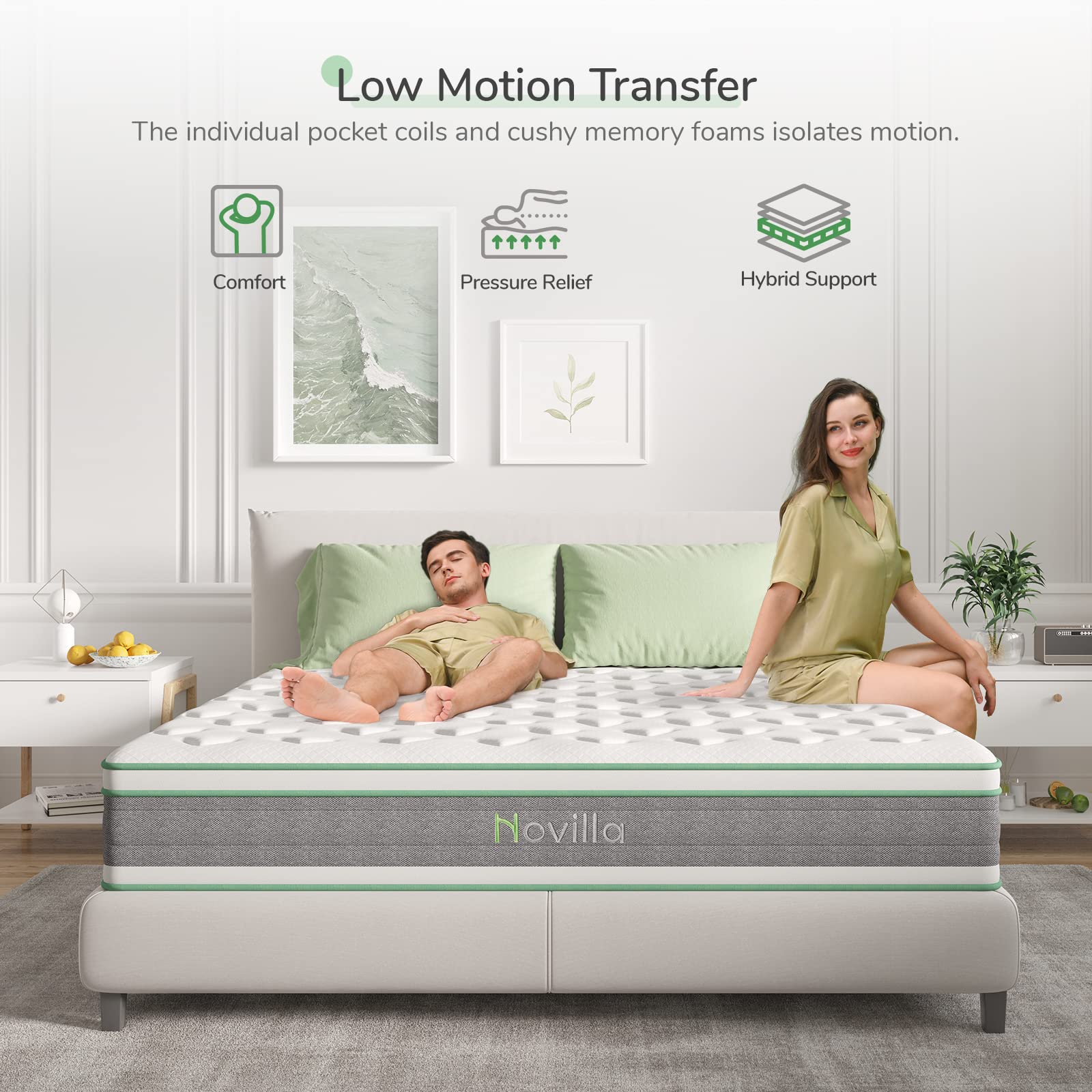 Novilla 10 Inch Hybrid Queen Mattress in a Box - Individually Wrapped Pocket Coils for Motion Isolation & Medium Firm Support - Pillow Top Cooling Gel Memory Foam Bed - Perfect for Back Pain Relief, Guest Rooms & Small Apartments